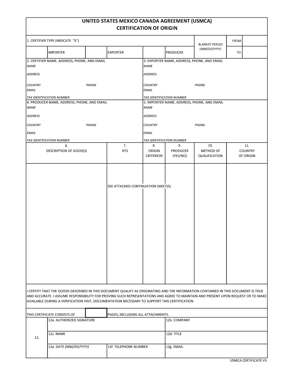 Usmca Certificate Of Origin Template