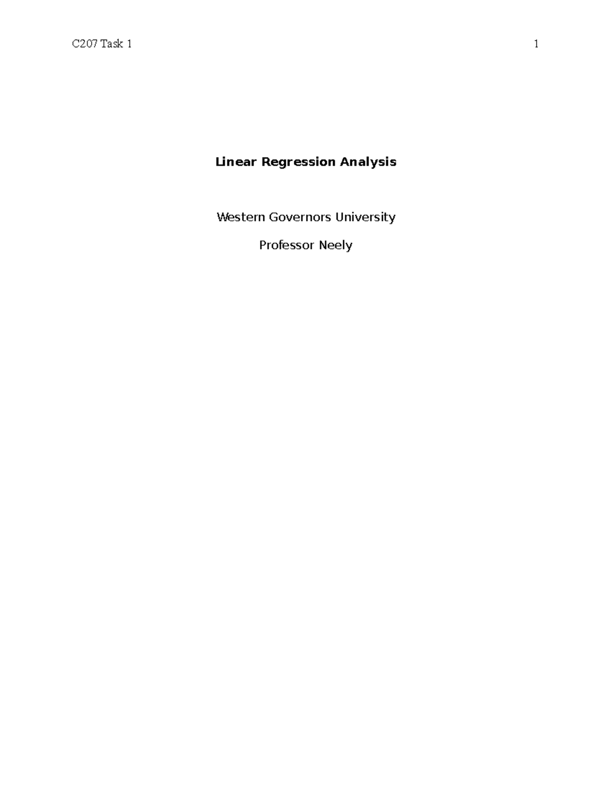 C207 Task 1 - Linear Regression Analysis Western Governors University ...