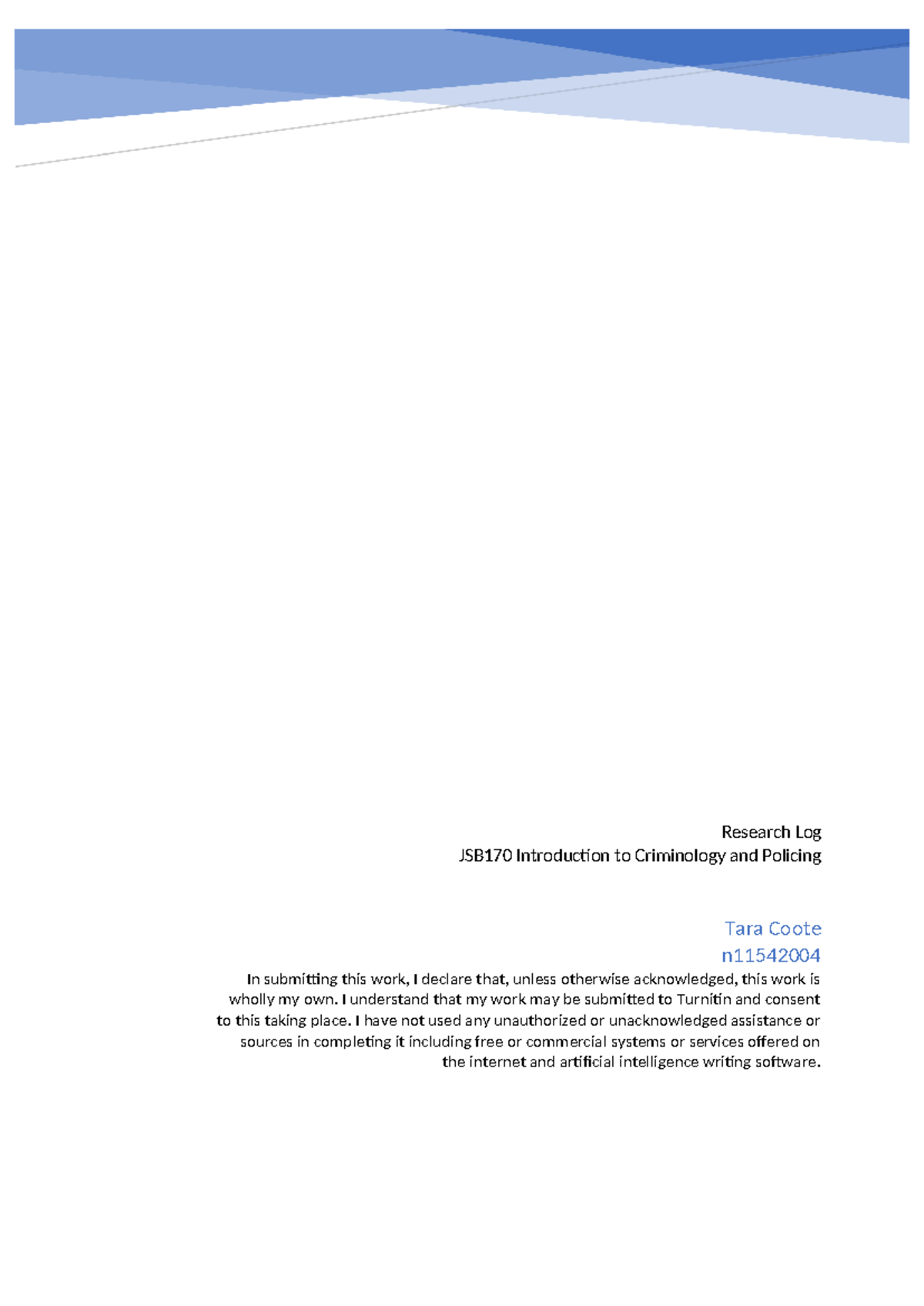JSB170 Assessment 1 - assignment - Research Log JSB170 Introduction to ...
