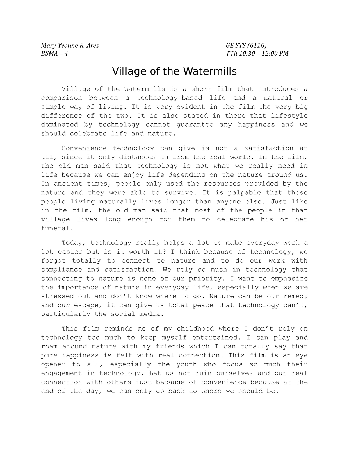 village of the watermills essay