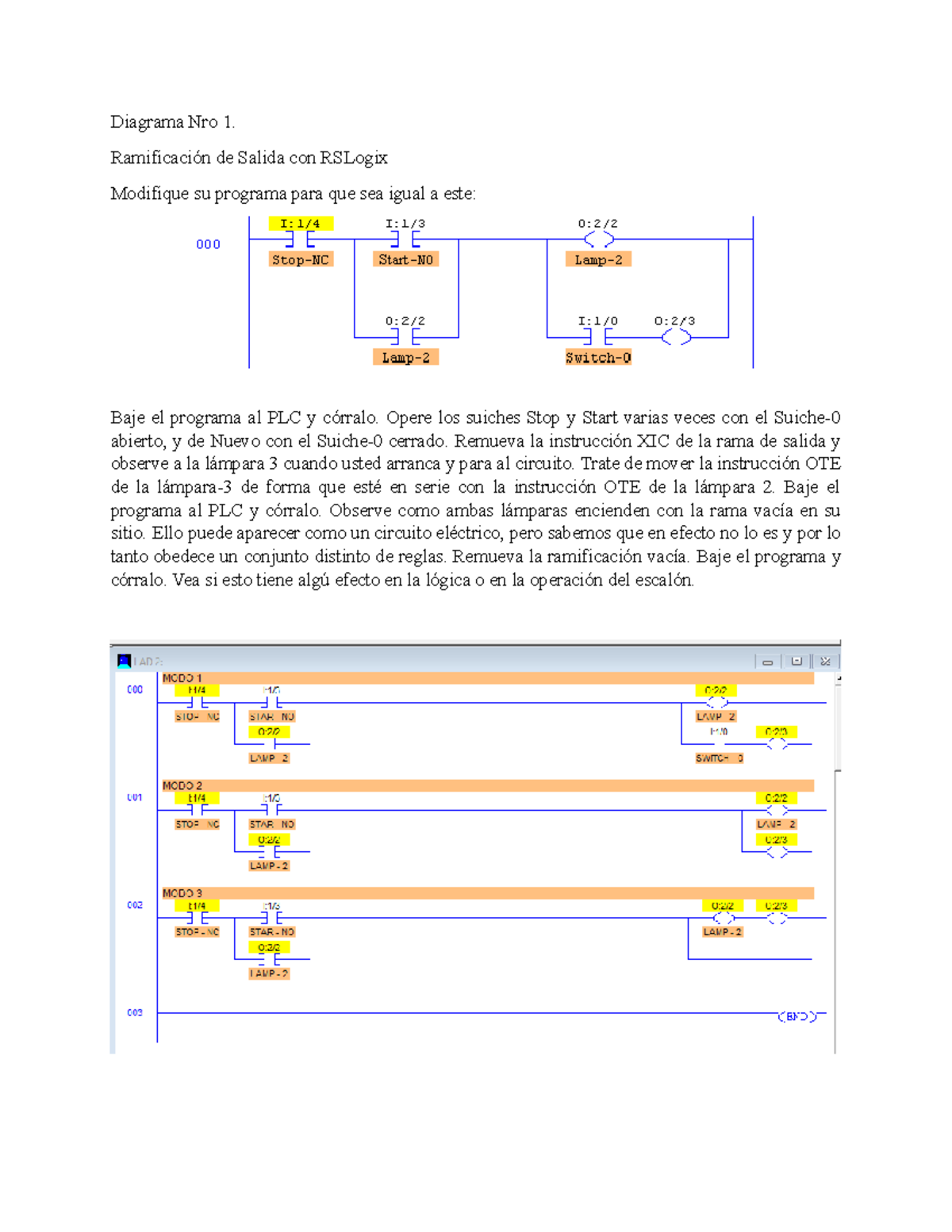 Rslogix Diagrama 1 LADDER EJERCICIOS Diagrama Nro 1. Ramificación