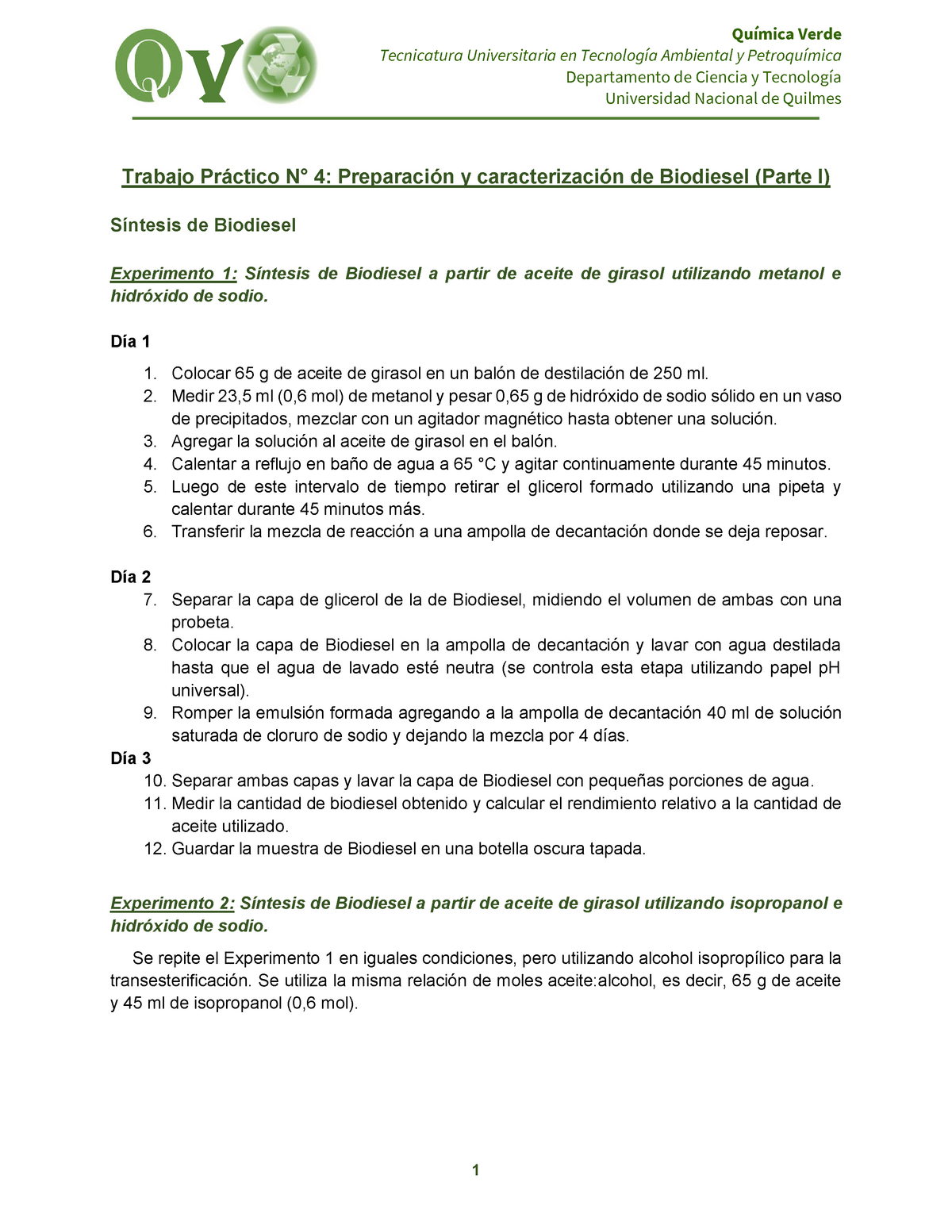 TP4 Preparación de Biodiesel (Parte I) QV Tutap UNQ - Warning: TT:  undefined function: 32 Química - Studocu