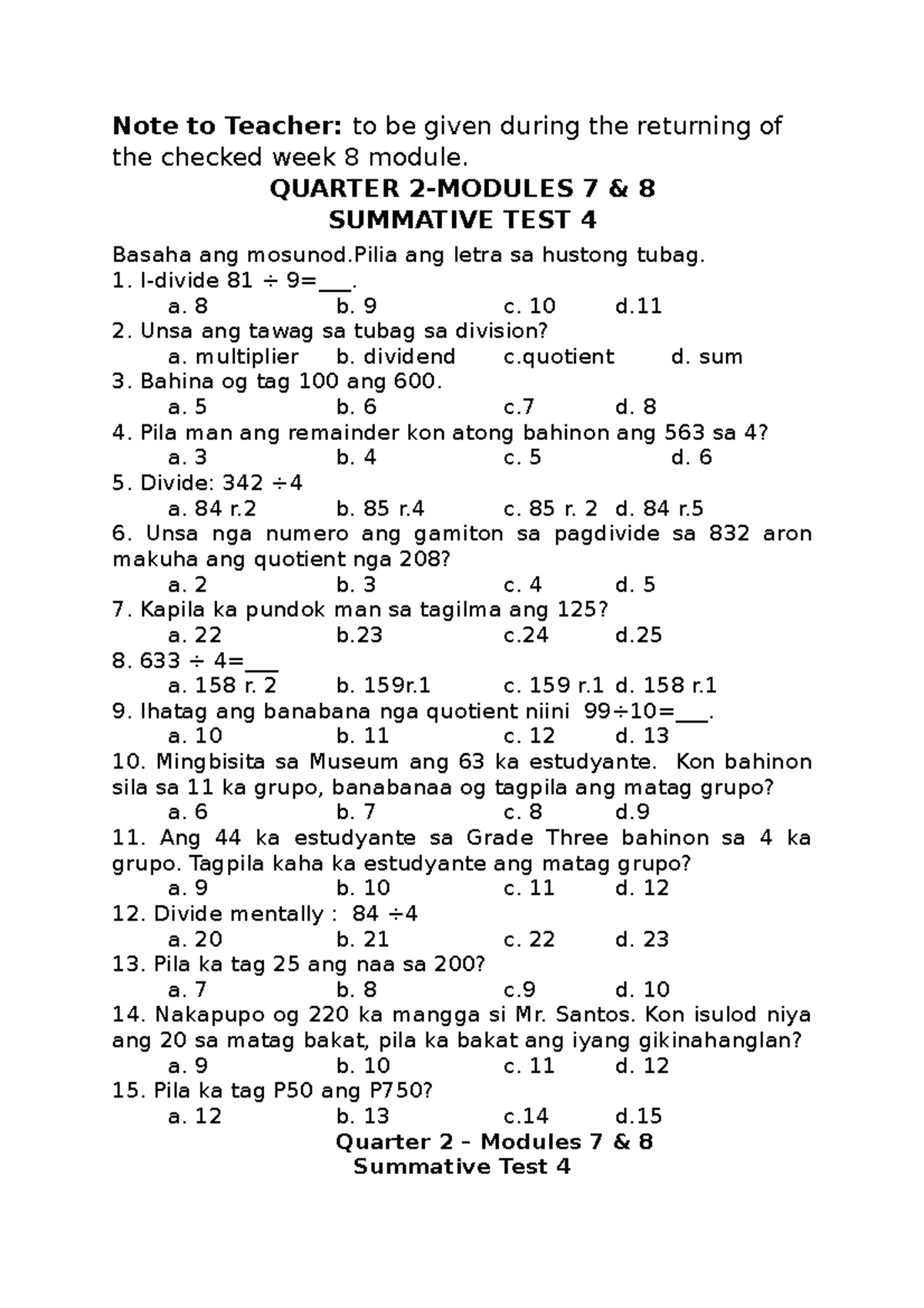 Math 3 Q2 Summative Test 4 - Note to Teacher: to be given during the ...