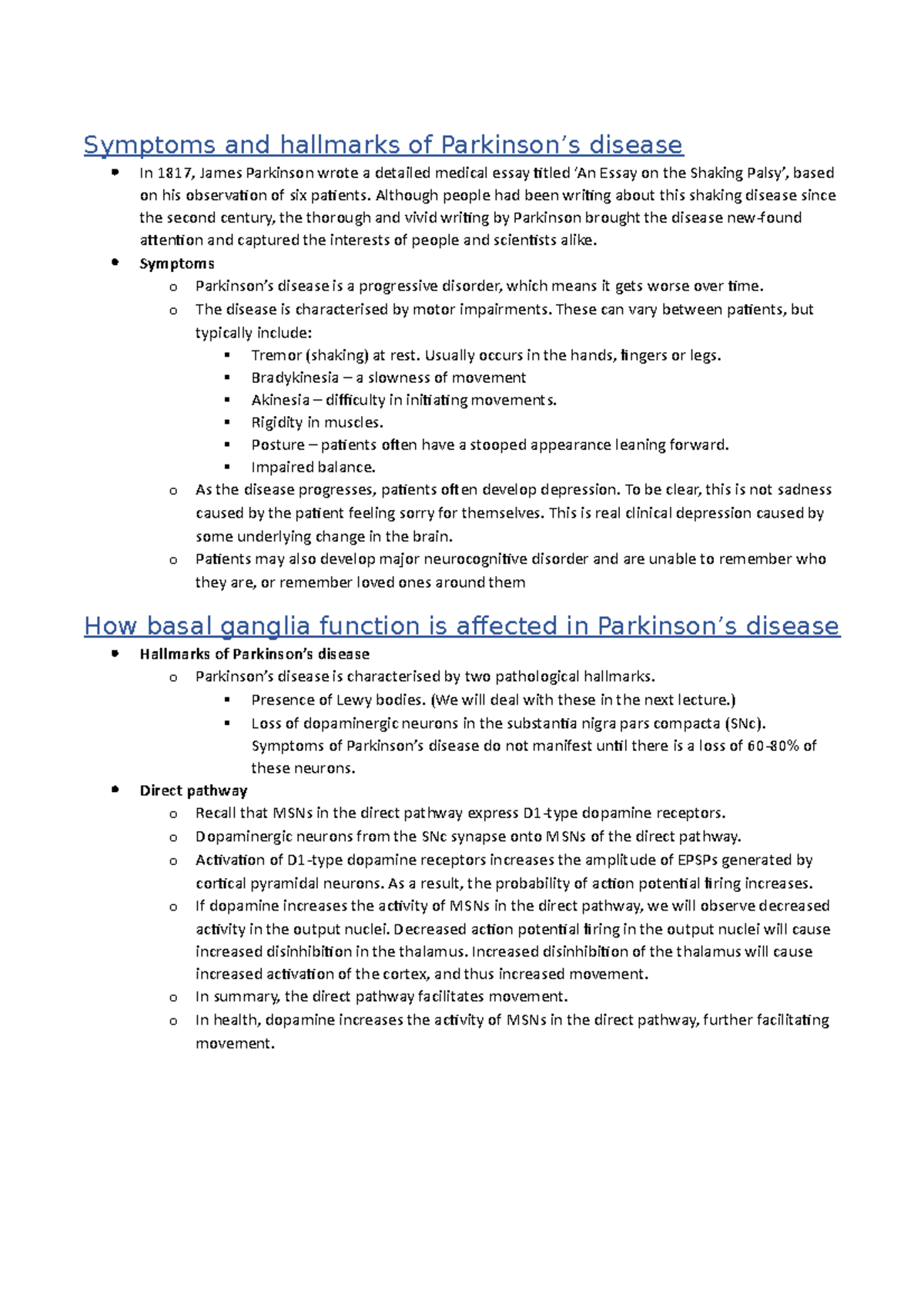 Basal ganglia in Parkinson's Symptoms and hallmarks of Parkinson’s