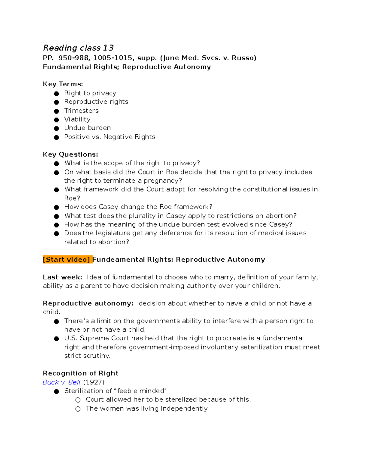 FR Reproductive Autonomy - Reading class 13 PP. 950-988, 1005-1015 ...