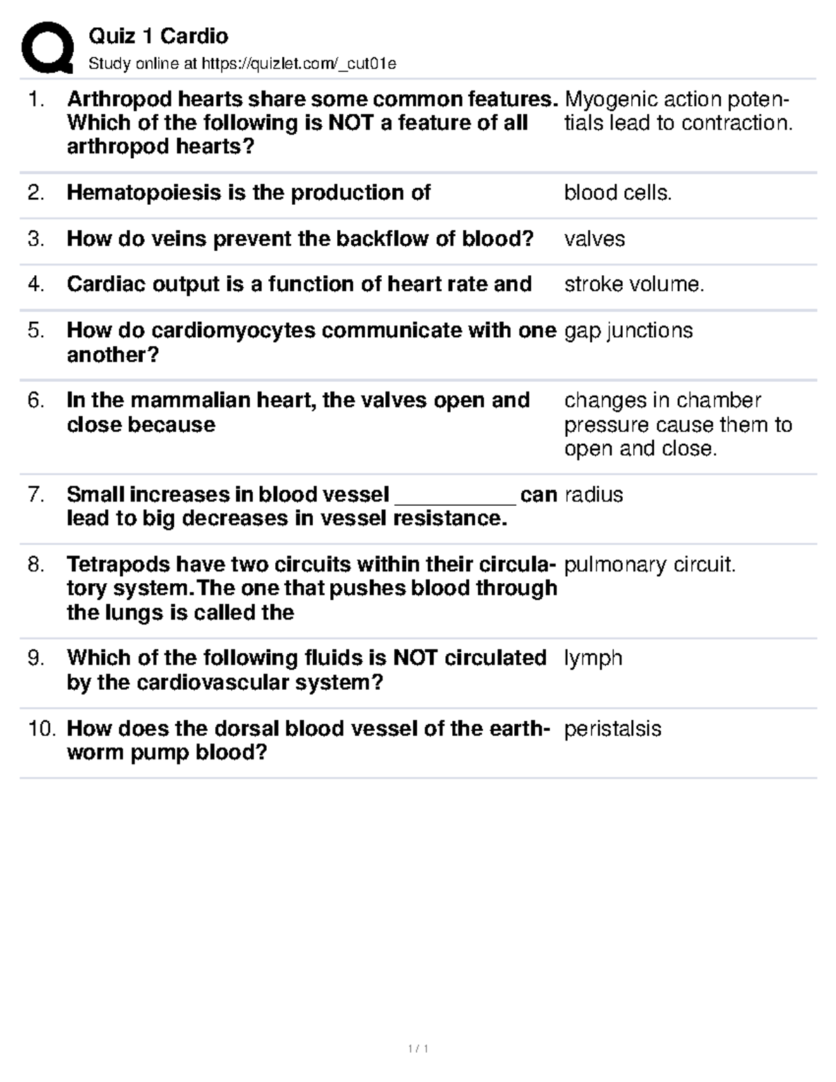 Quiz 1 Cardio - Animal Physiology BIOL 3150 - Quiz 1 Cardio Study ...