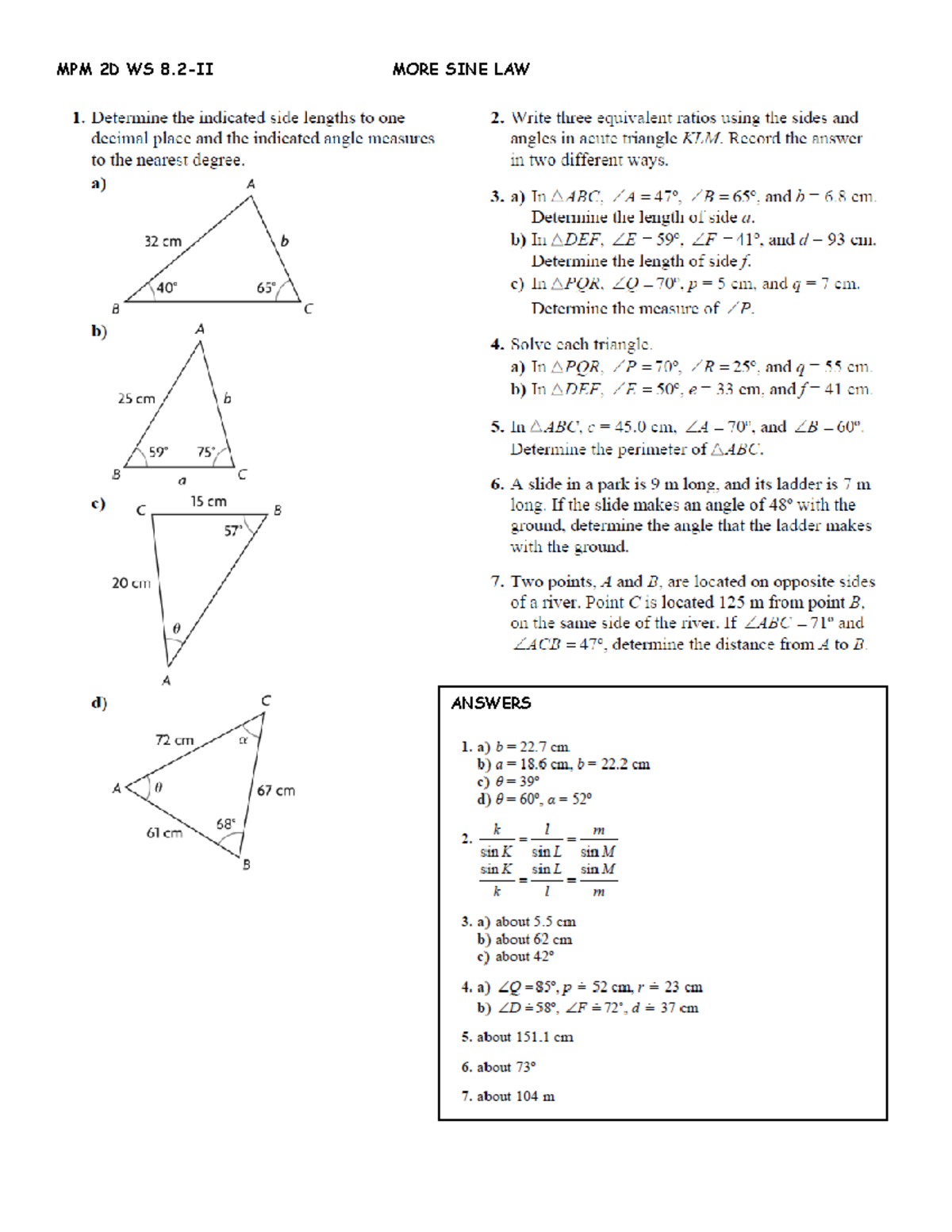 WS 8.2-II MORE SINE LAW - practice - Science, Technology, Engineering ...