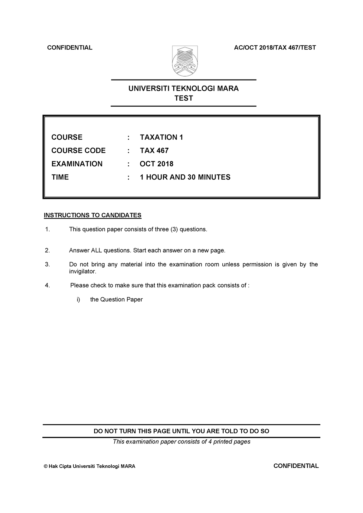 TAX 467 Test Practice question Oct 2018 - UNIVERSITI TEKNOLOGI MARA ...