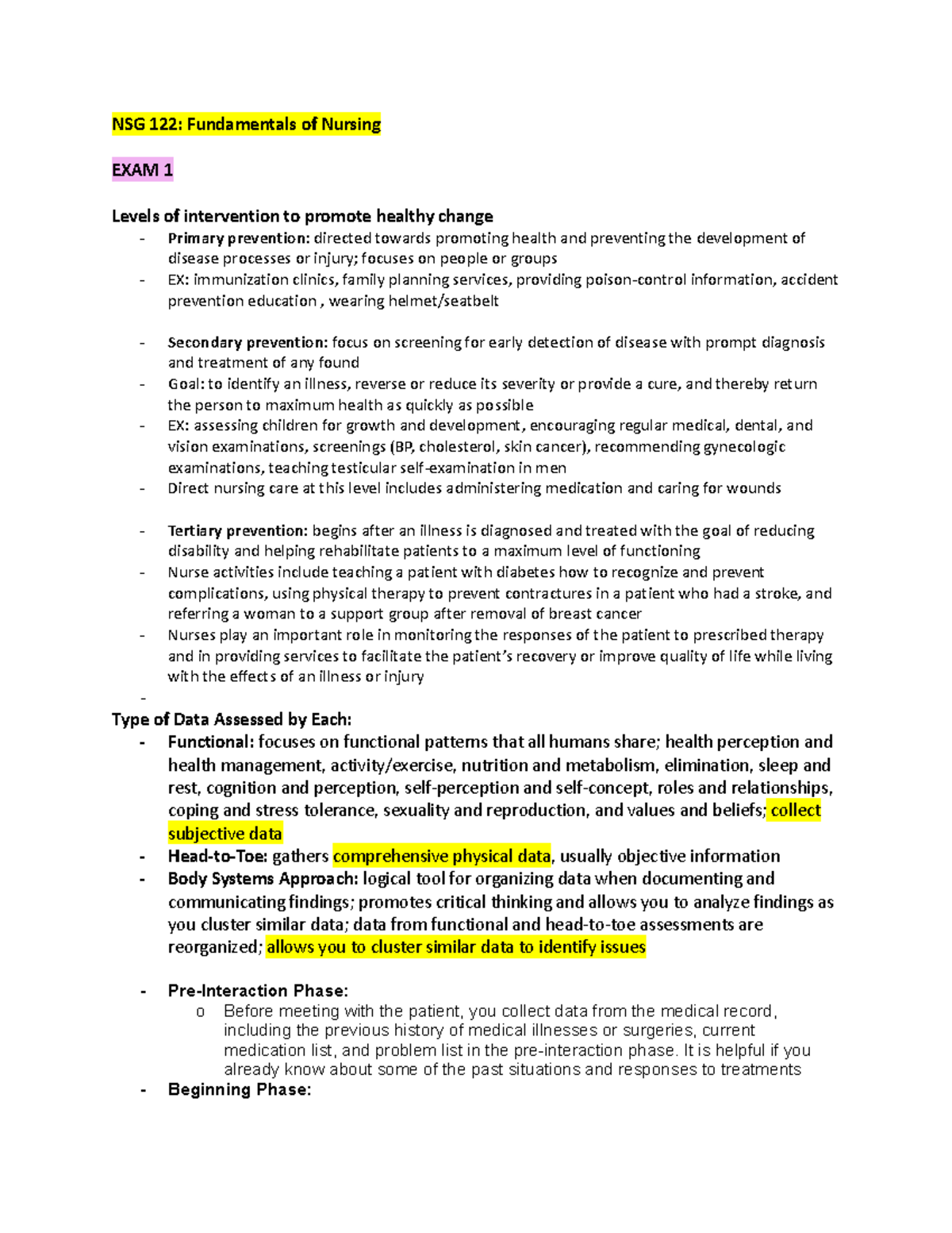 Important Study Points for Milestone - NSG 122: Fundamentals of Nursing ...