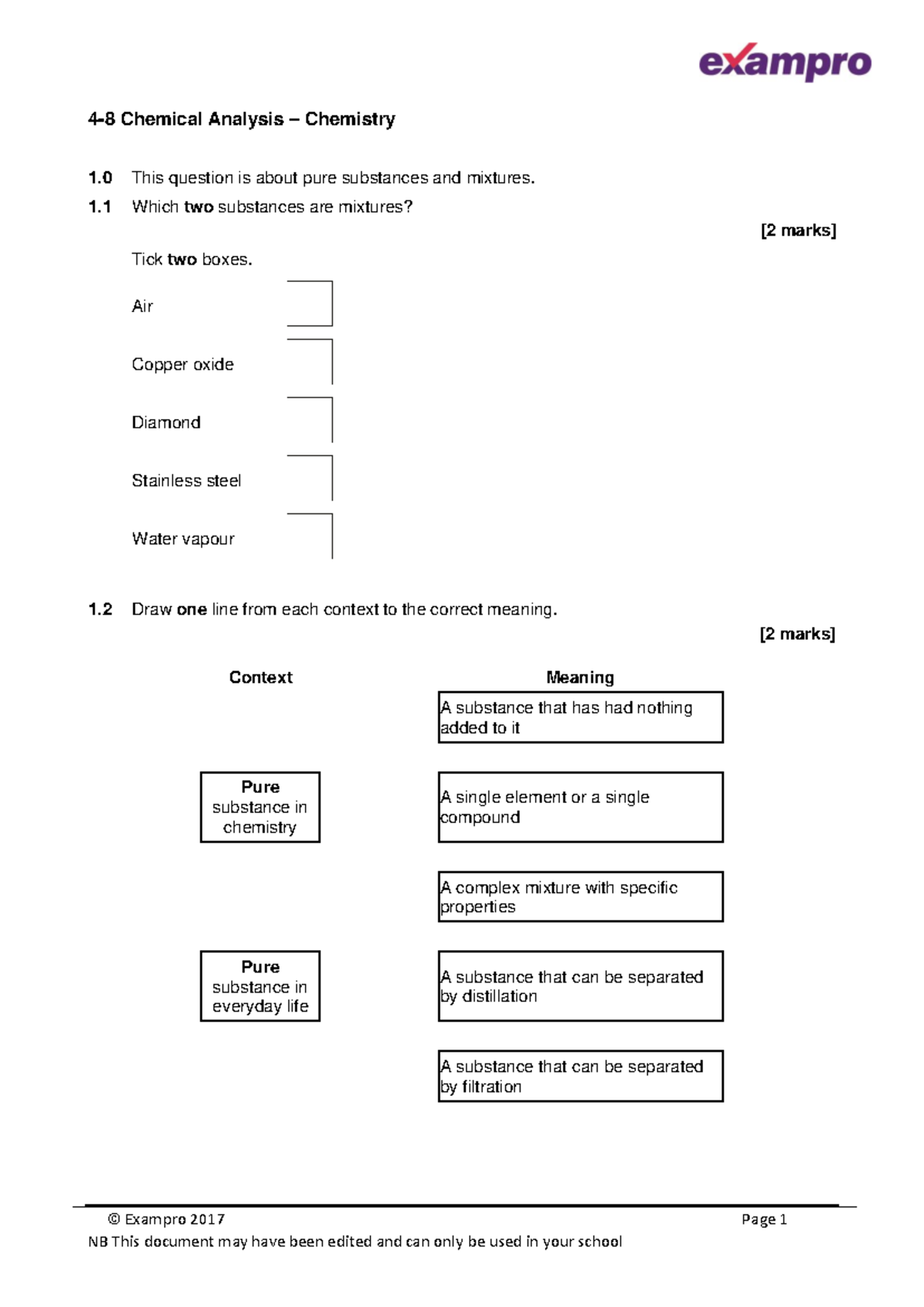Chemistry Separate Chemical analysis practice questions © Exampro