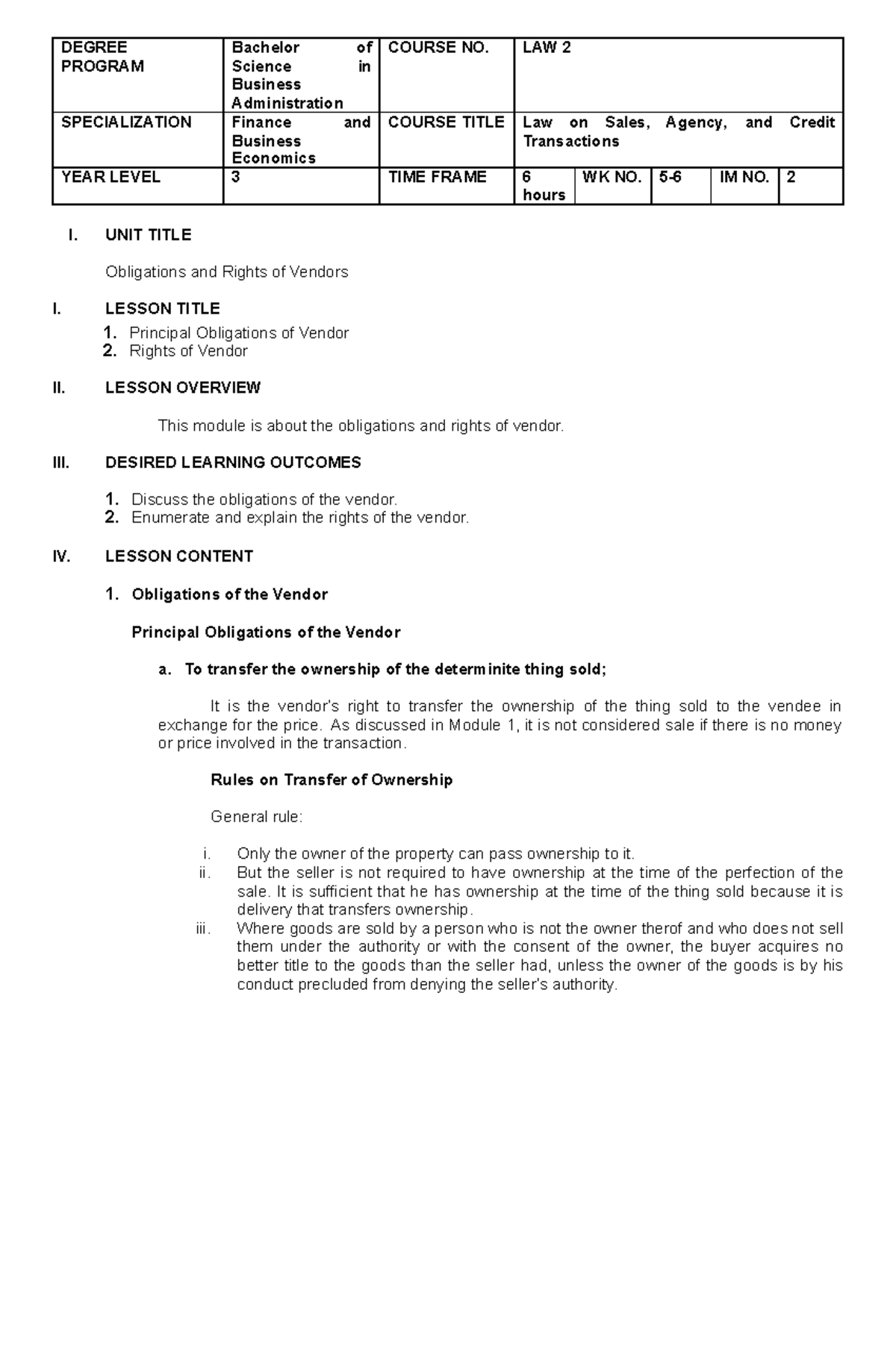 Module 2 LAW 2 - Lecture Notes And Activities - I. UNIT TITLE ...