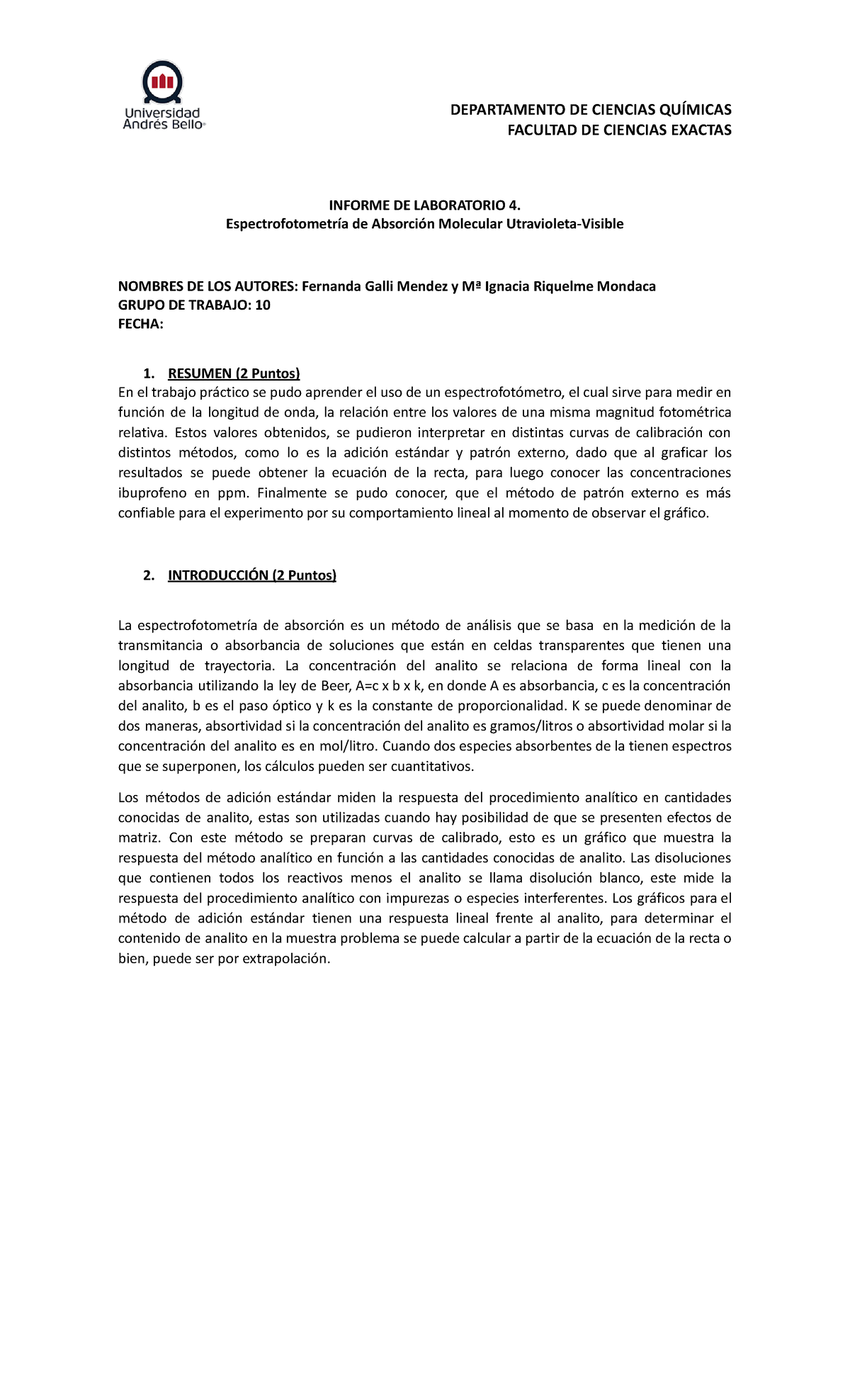 Informe L4 .docx - Laboratorio 4 De Química Analítica E Instrumental De ...