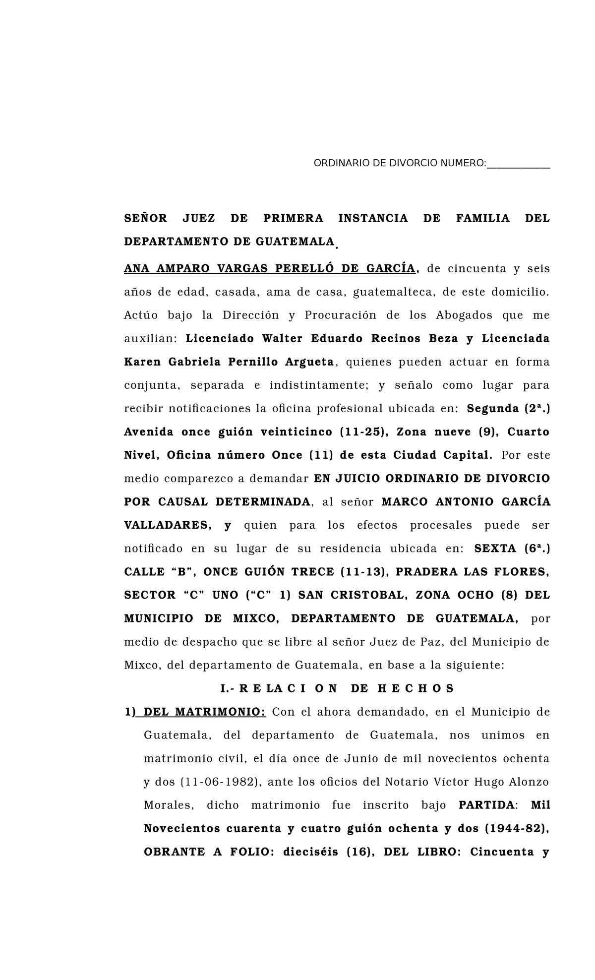 Demanda En Juicio Ordinario De Divorcio Ordinario De Divorcio Numero