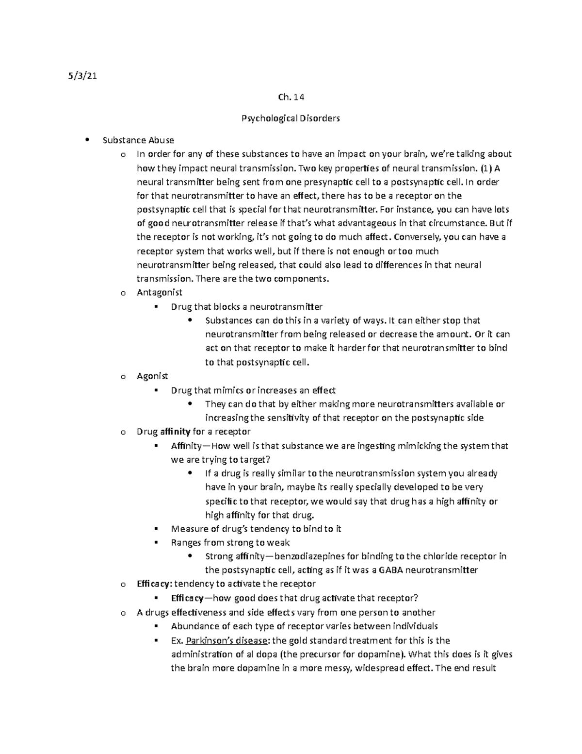 Biopsych ch. 14 - Lecture notes 1 - 5/3/ Ch. 14 Psychological Disorders ...