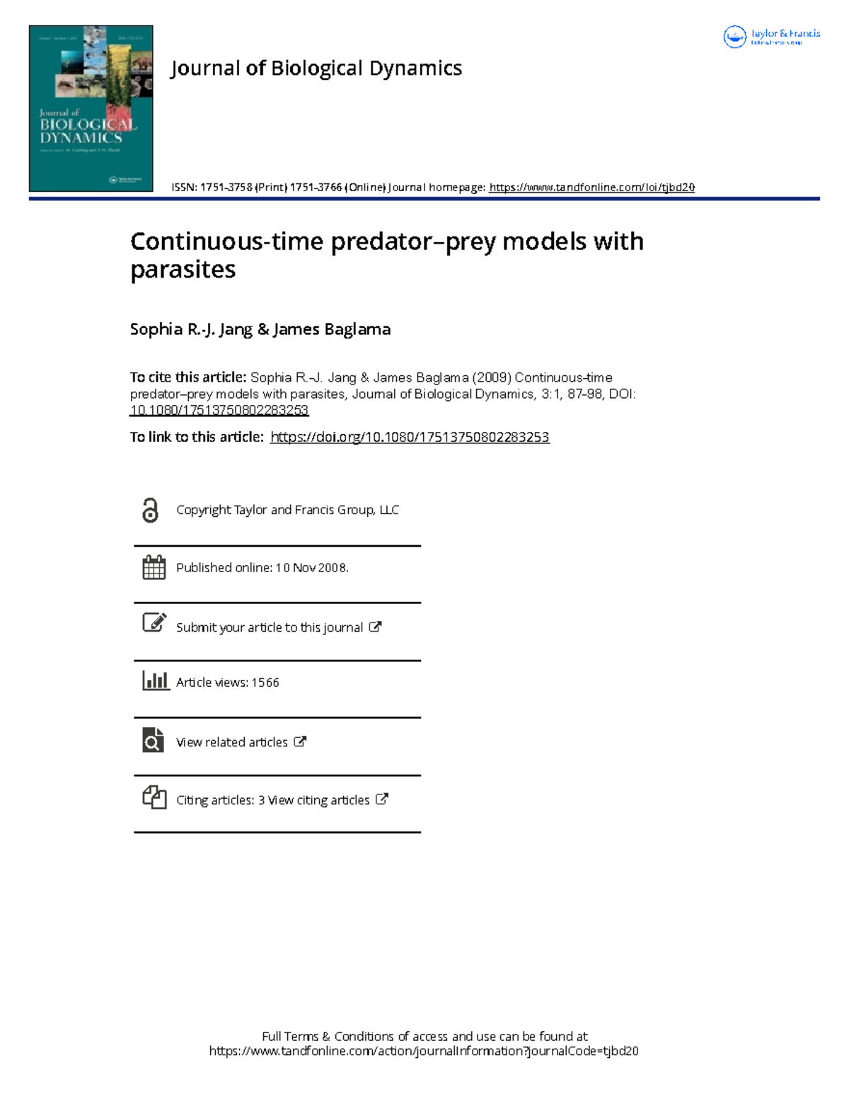 Continuous time predator prey models with parasites - Full Terms ...