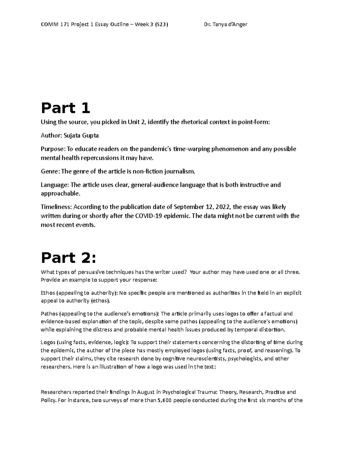 Project 1 Critique Essay Outline Template (S23)Week 3 Part 1 Using