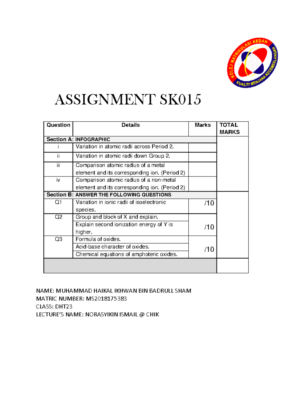 periodic table assignment 1 classwork grade