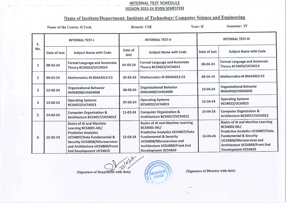 DCSE Internal Test Schedule 23-24(Even Sem) - Operating system , B.tech ...