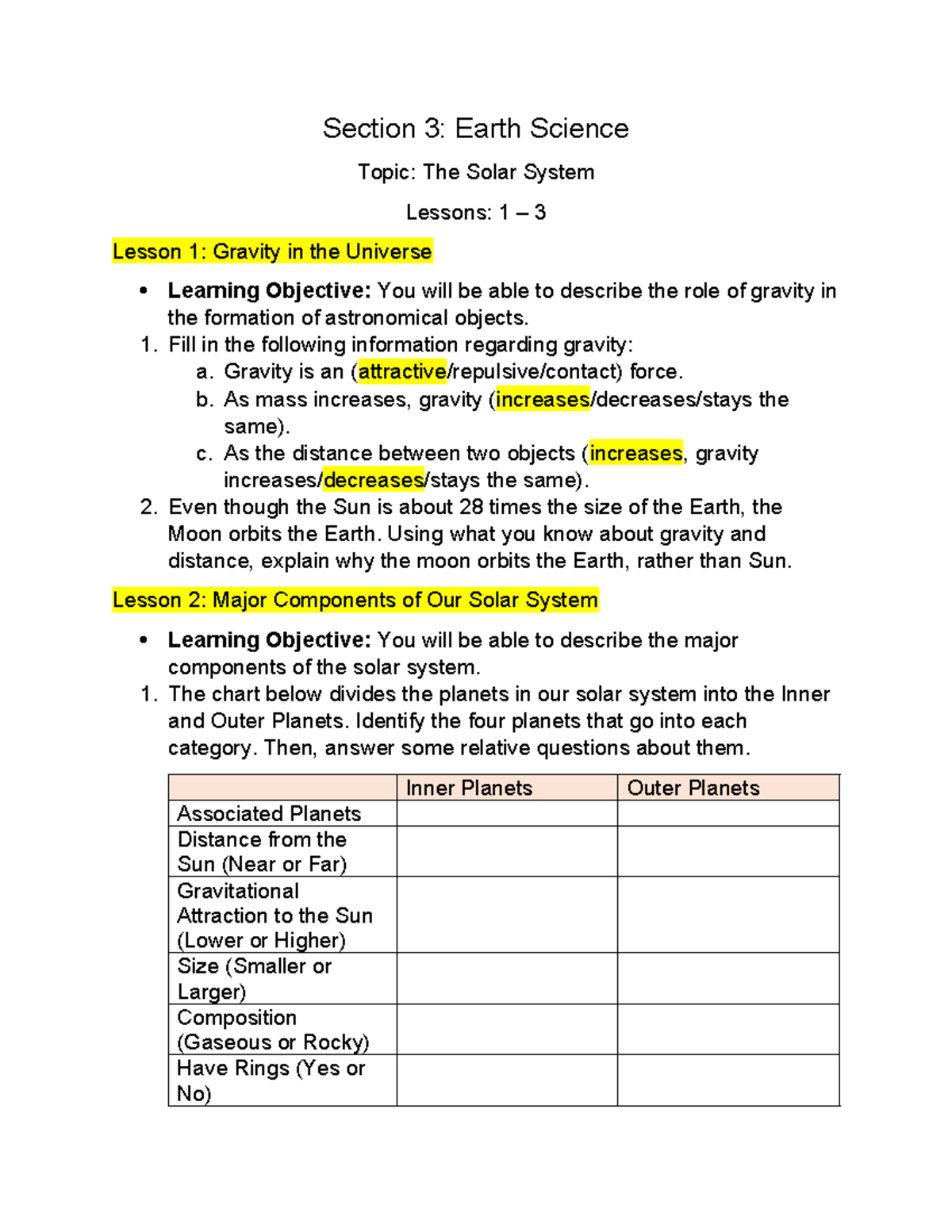 The Solar System - Section 3: Earth Science Topic: The Solar System ...