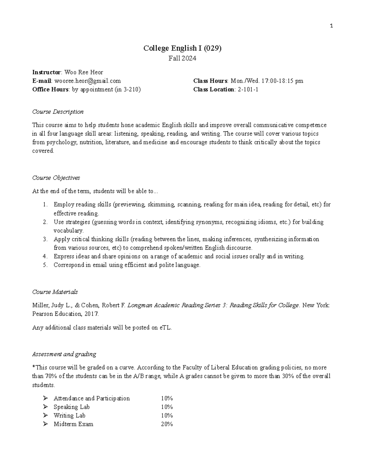 Heor+syllabus+2024fall+ce1 - College English I ( 0 29) Fall 202 4 ...