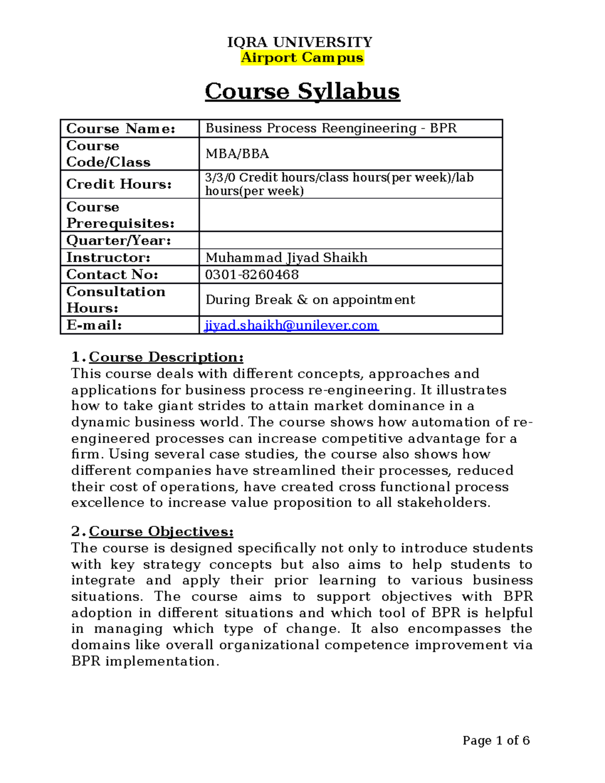 Course Outline BPR A - COL - Airport Campus Course Syllabus Course Name ...