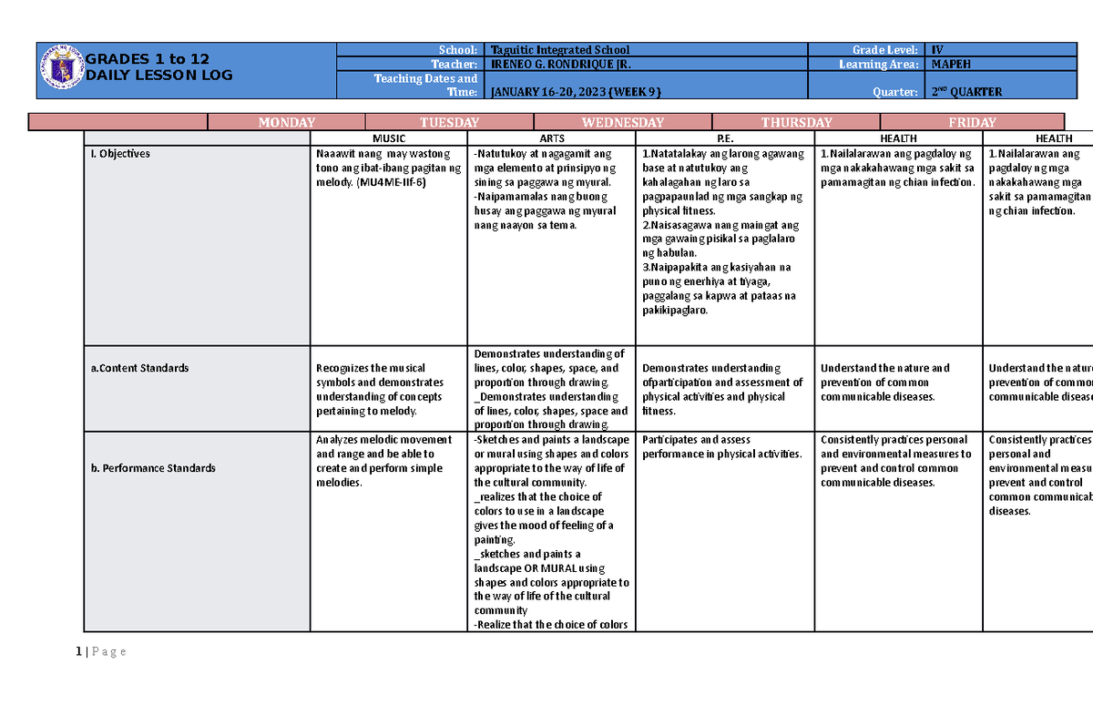 DLL Mapeh 4 Q2 W7 - GRADES 1 to 12 DAILY LESSON LOG School: Taguitic ...