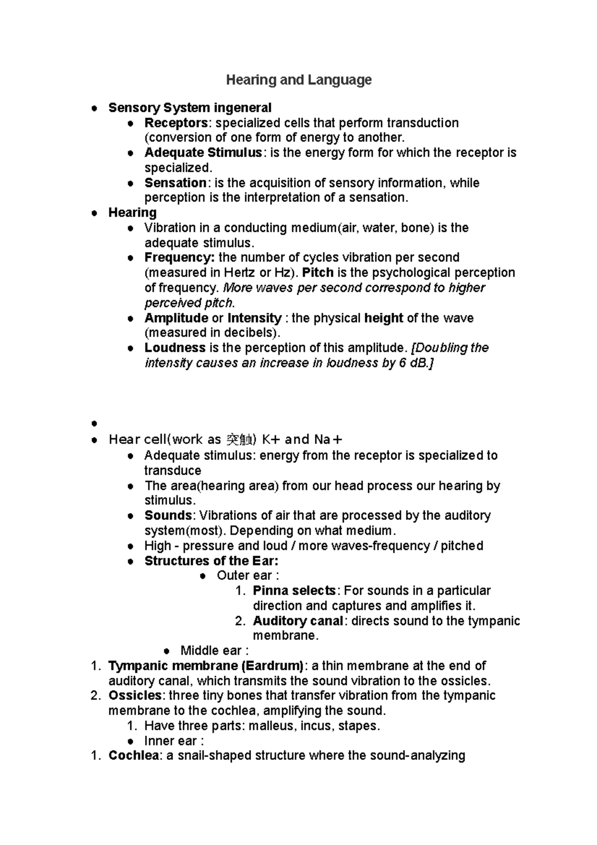 Chapter 9 Hearing and Language - Hearing and Language Sensory System ...