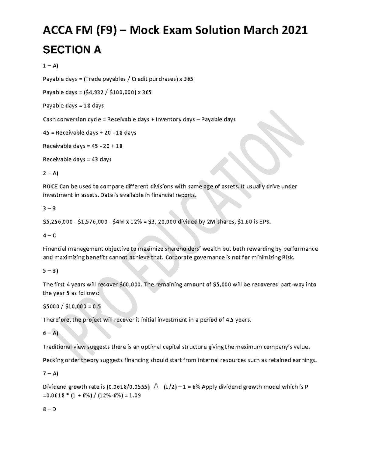 F9 Answer-Mock-Exam-F9-converted - SECTION A 1 – A ) Payable days ...