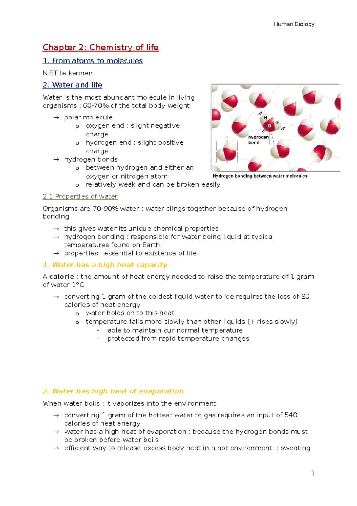 Chapter 2 - Samenvatting Human Biology - Chapter 2: Chemistry of life 1 ...