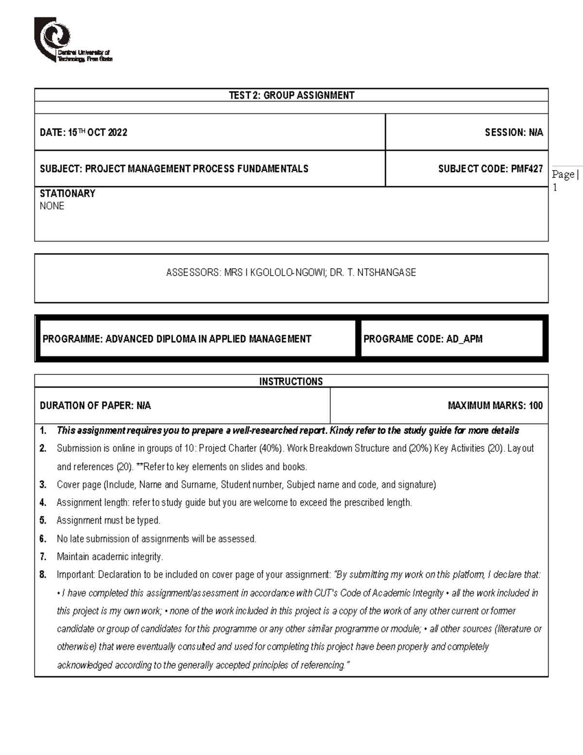 PMF427 TEST 2 Group Assignment 15TH OCT - Page | 1 TEST 2: GROUP ...