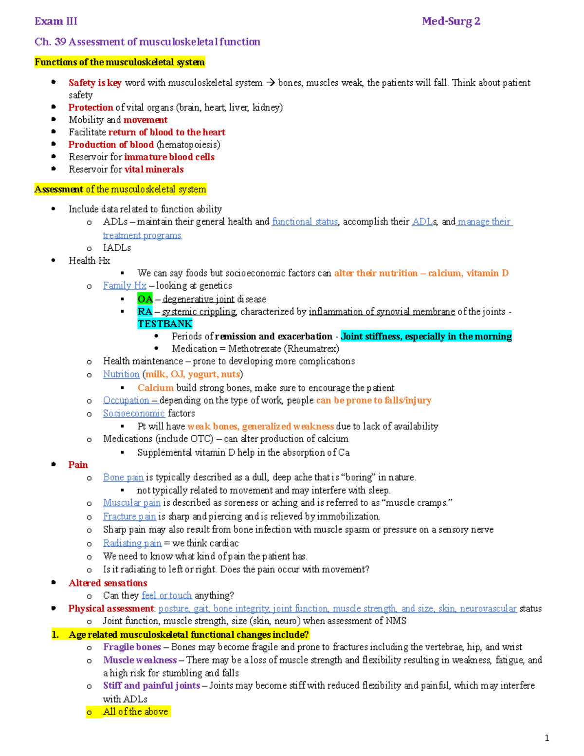 Exam III - Ch. 39 Assessment Of Musculoskeletal Function Functions Of ...