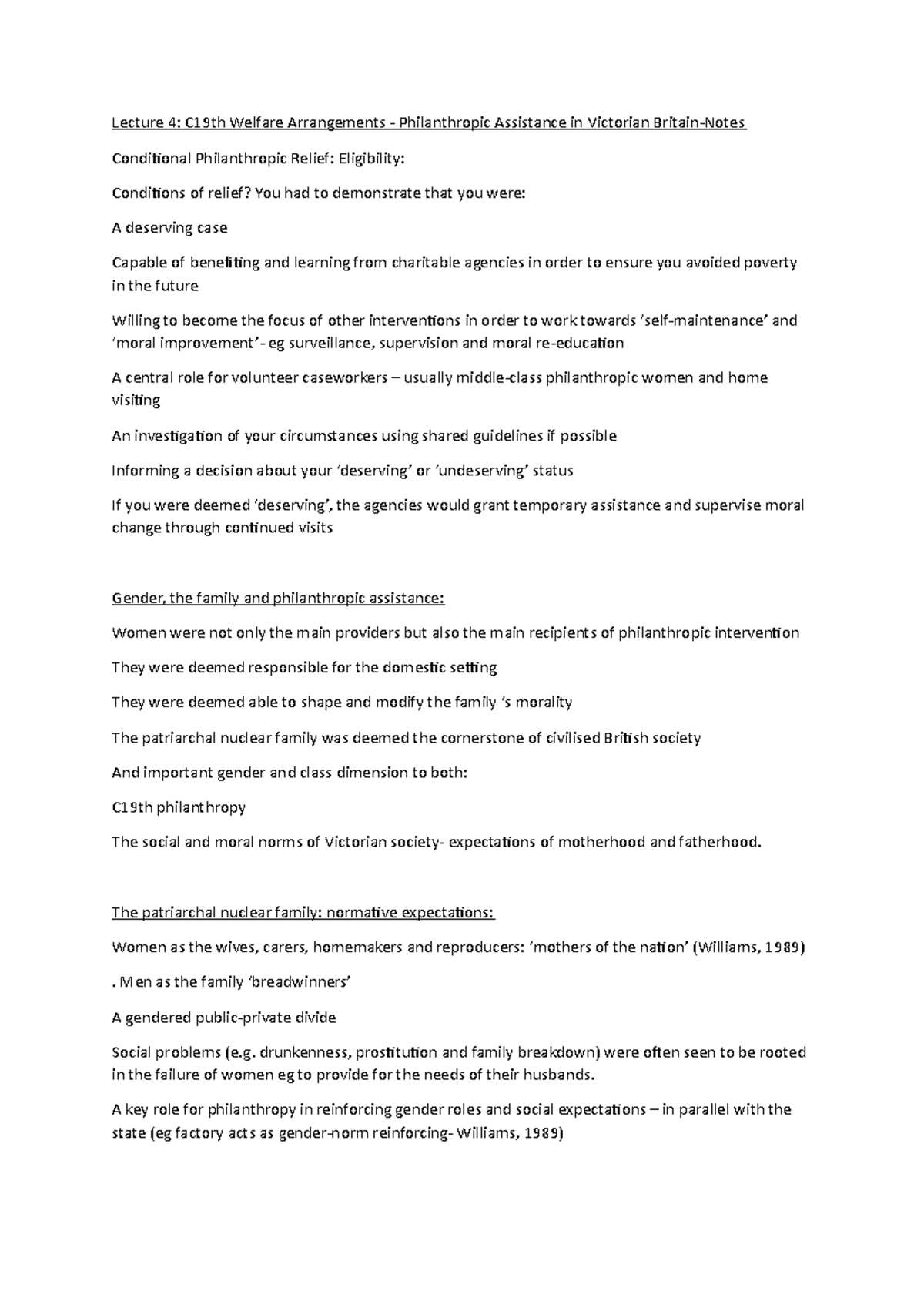 Lecture 4 notes Lecture 4 C19th Welfare Arrangements Philanthropic