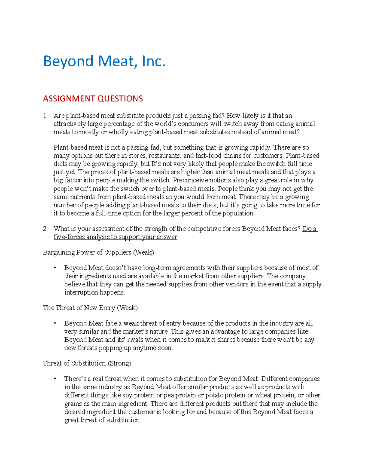 Beyond Meat Case Assignment Questions - Beyond Meat, Inc. ASSIGNMENT ...