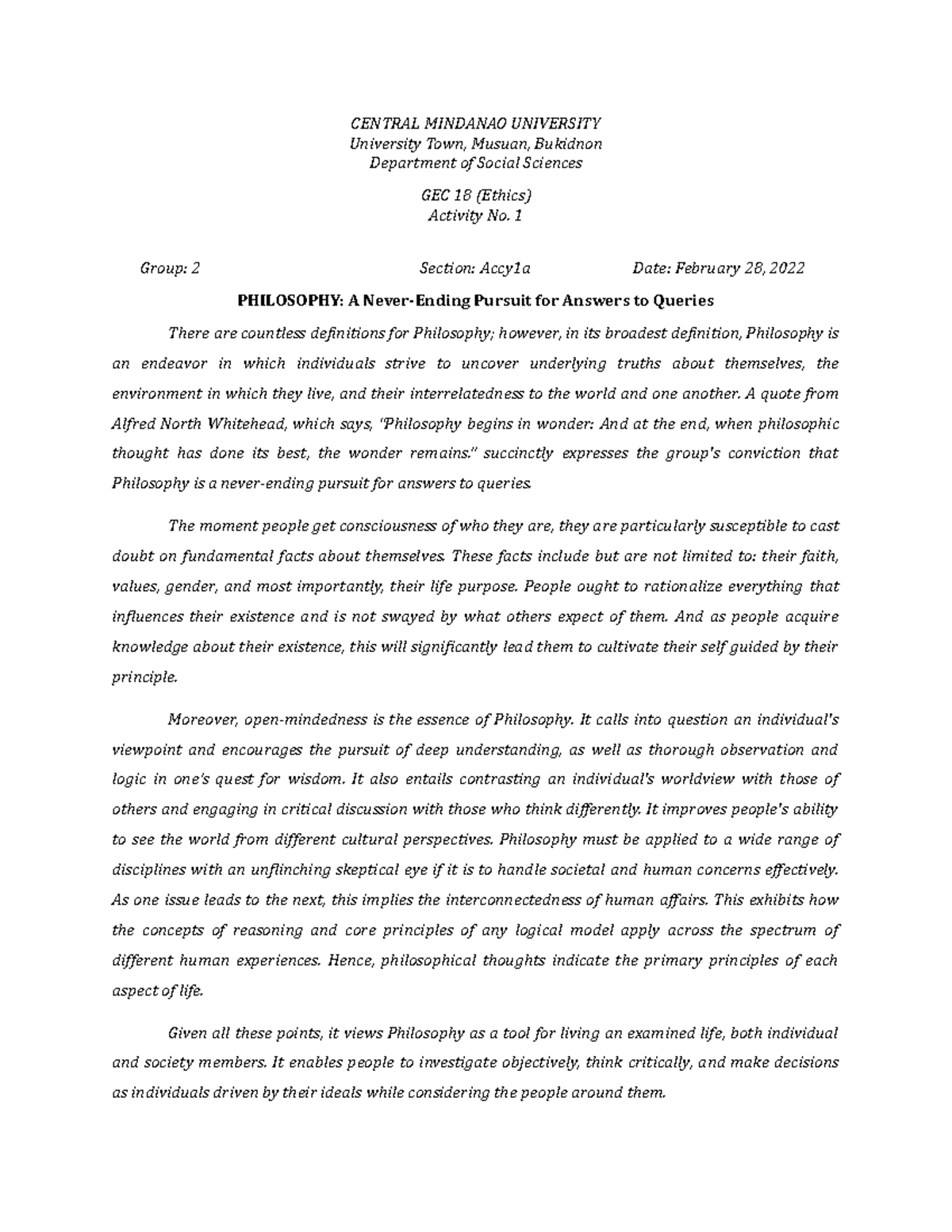 Group 2 What is Philosophy -1 - CENTRAL MINDANAO UNIVERSITY University ...