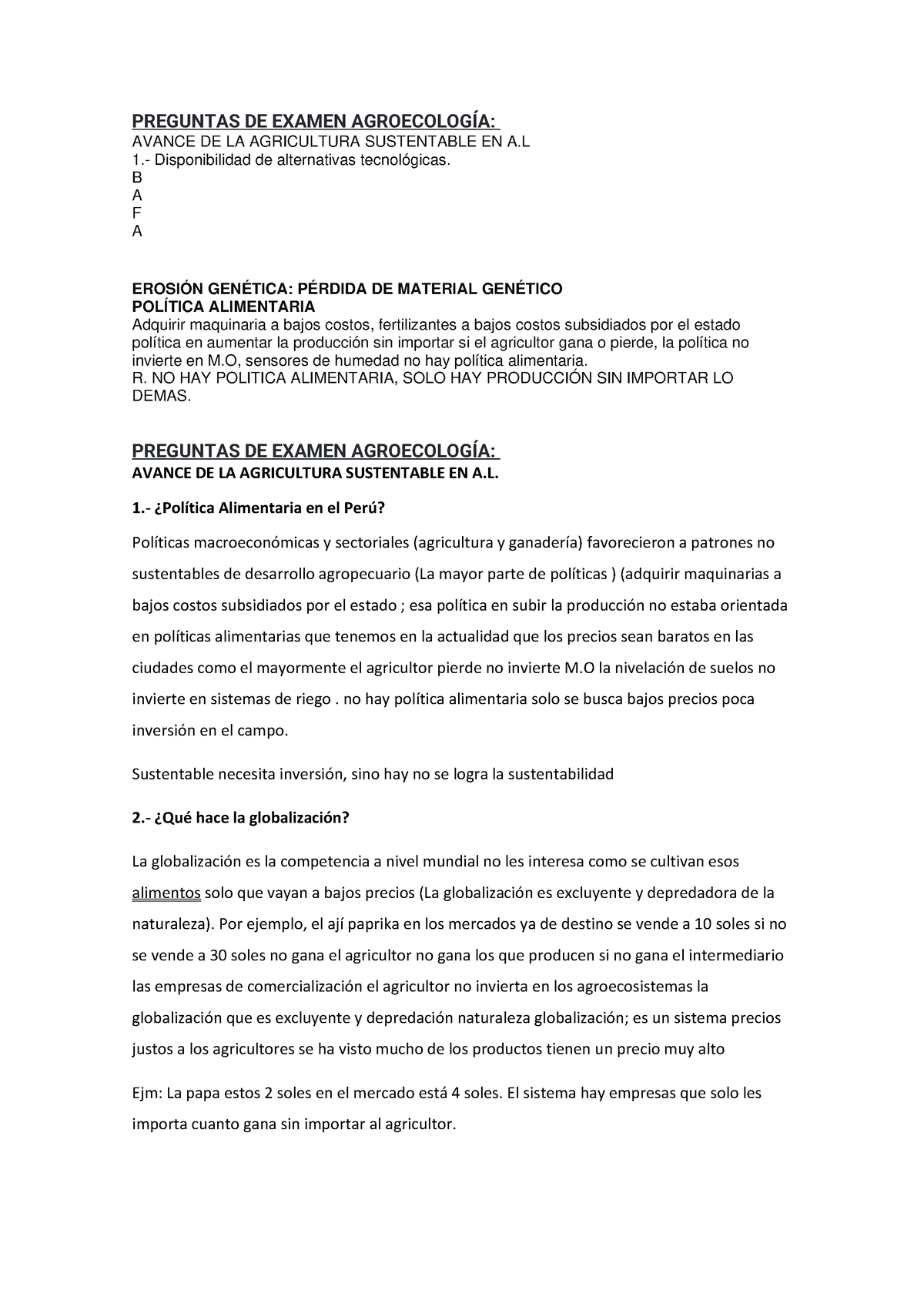 Preguntas DE Examen Agroecología - PREGUNTAS DE EXAMEN AGROECOLOGÍA ...