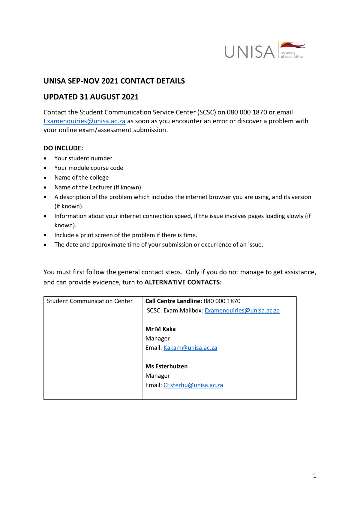 unisa contact assignments