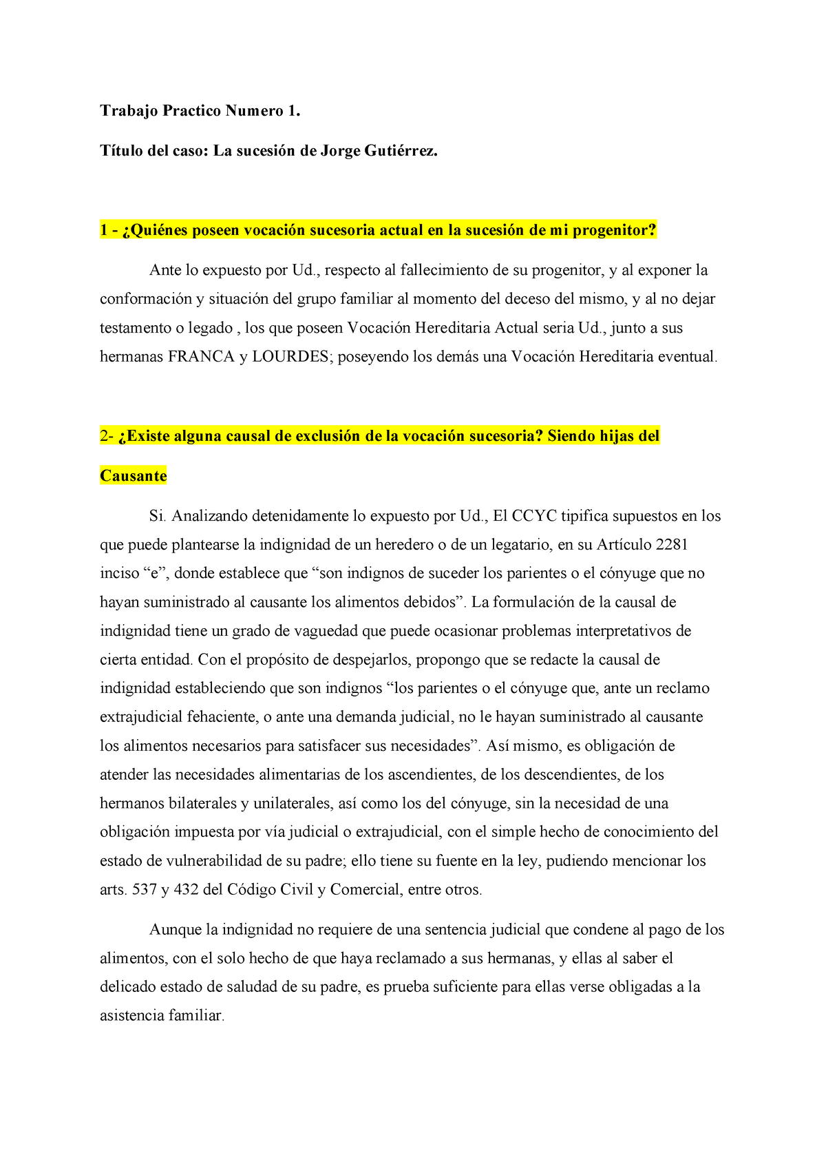 Tp 1 Derecho Sucesorio Trabajo Practico Numero 1 Título Del Caso La Sucesión De Jorge 3310