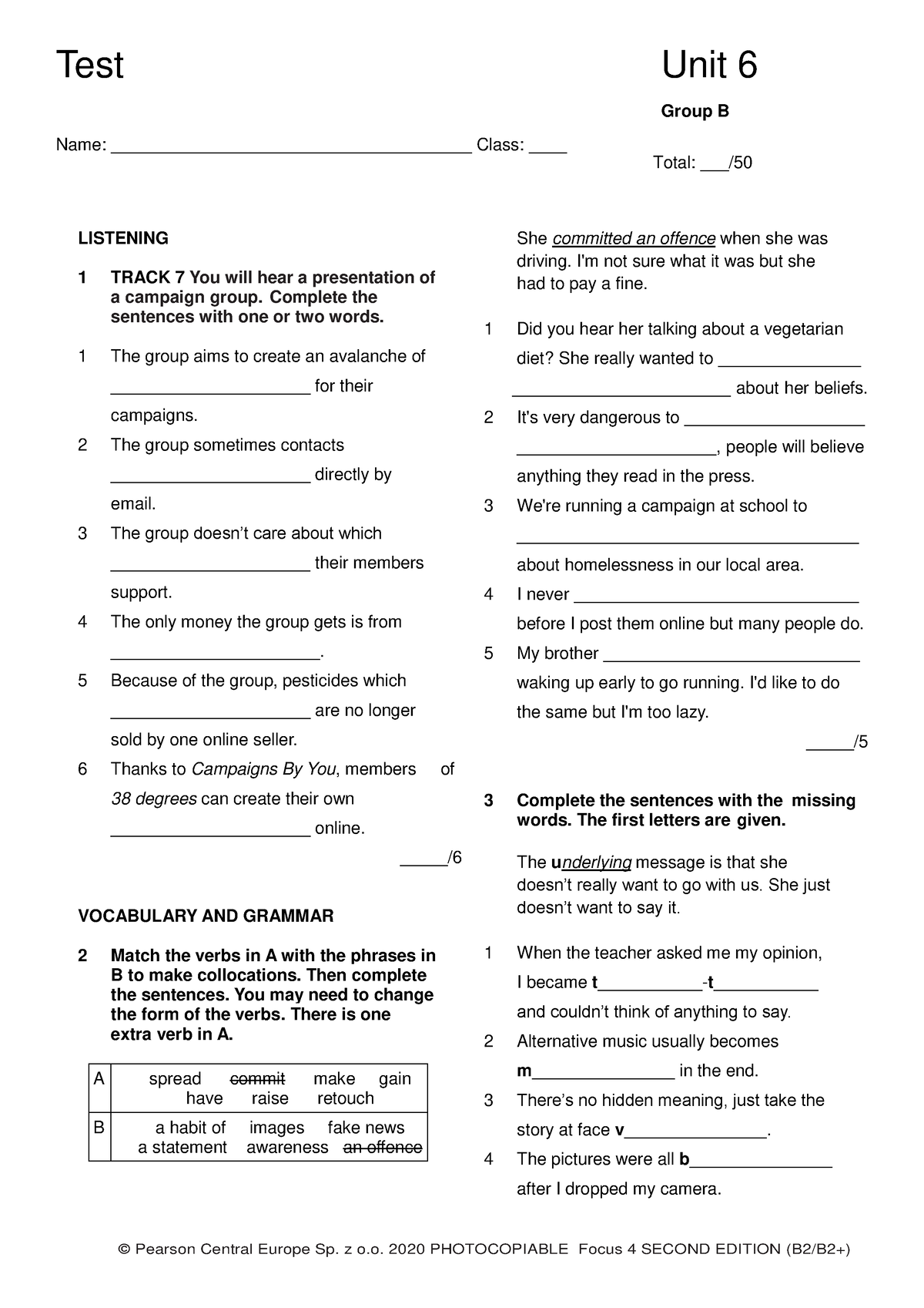 Focus 4 2E Test Unit6 Group B 2kol - Group B Name