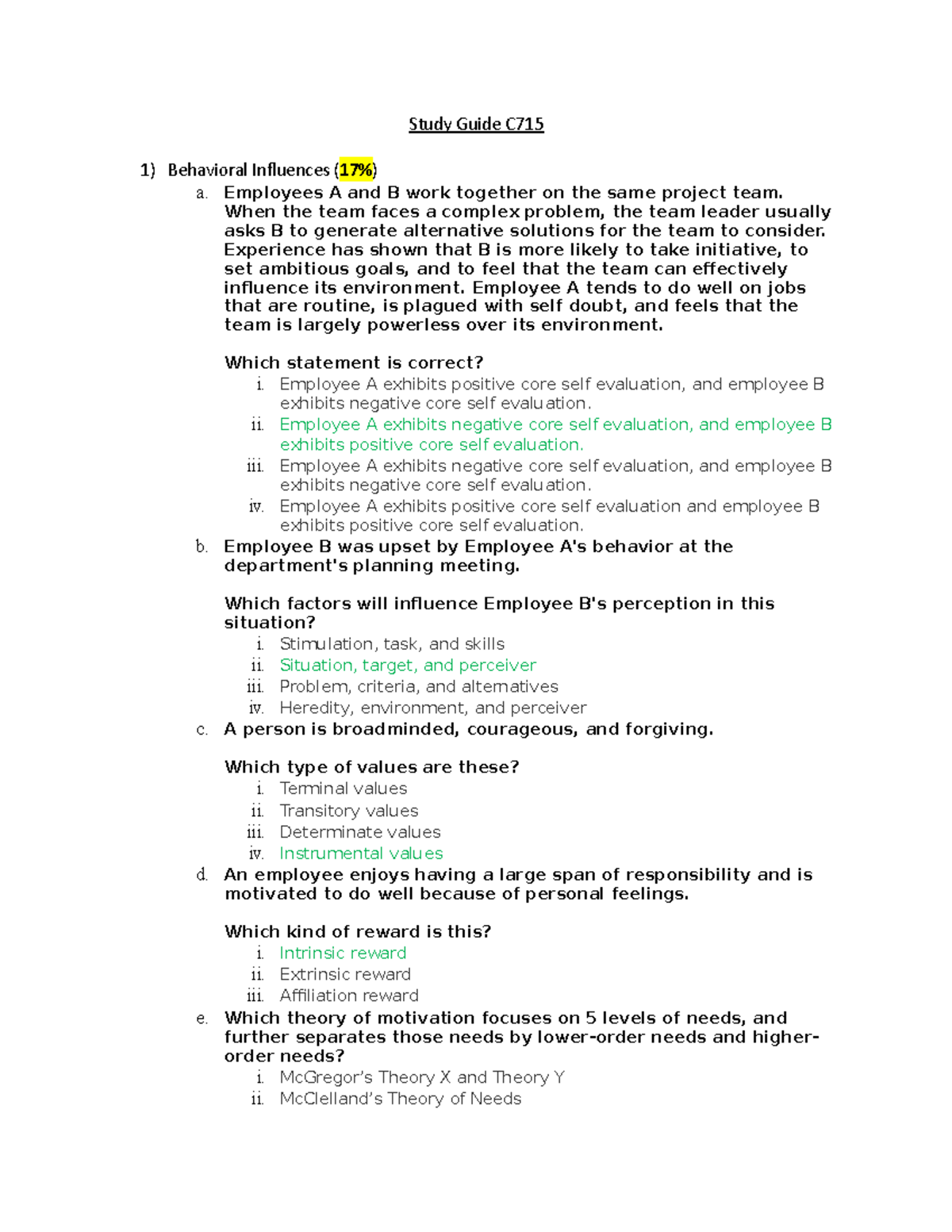 Study Guide C715 - Study Guide C 1) Behavioral Influences (17%) A ...