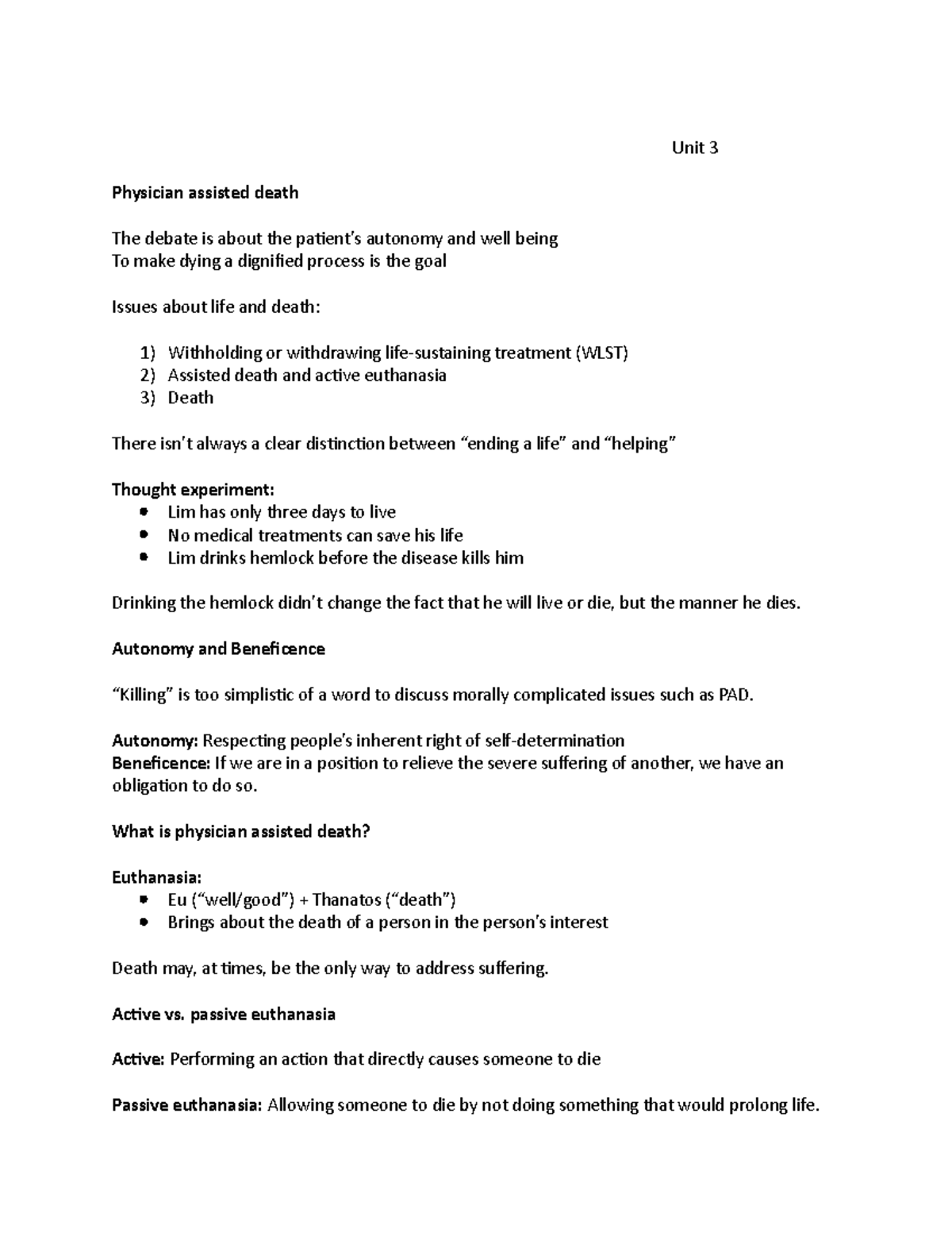 Unit 3 biomedical lecture notes - Unit 3 Physician assisted death The ...