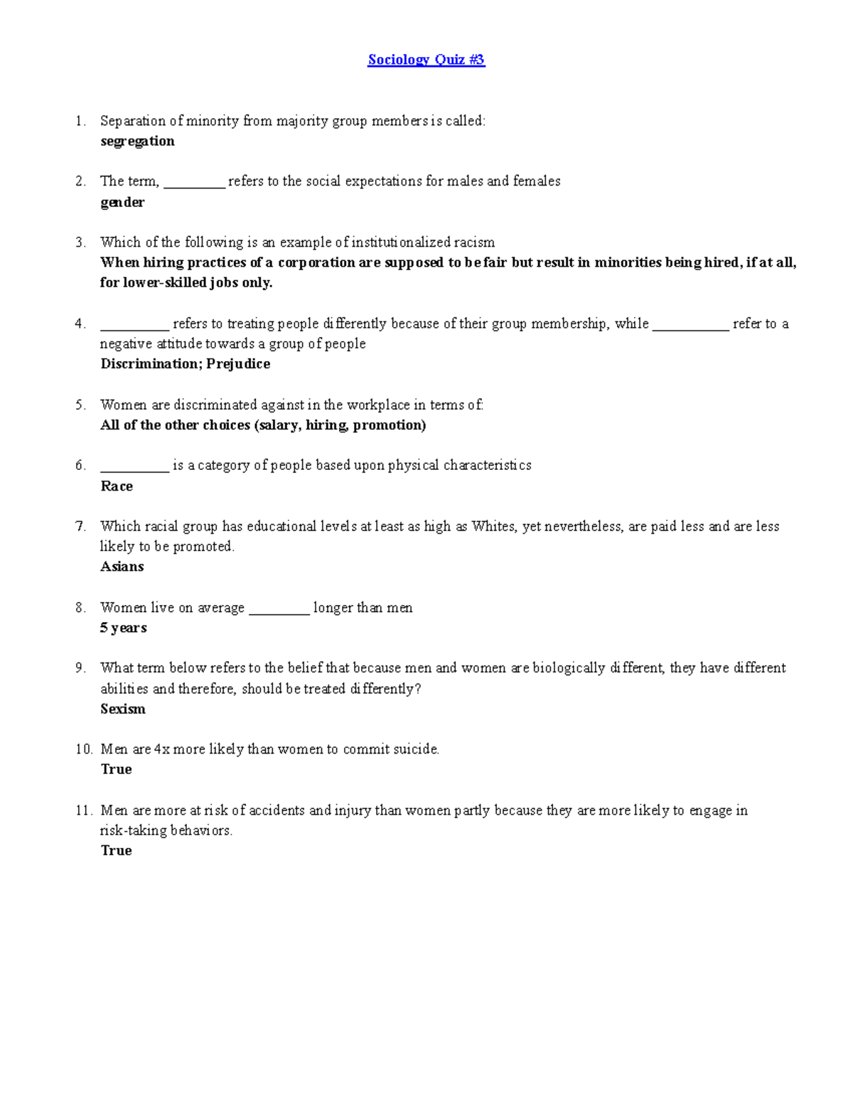 SOC107 - Quiz #3 - lecture - Sociology Quiz # Separation of minority ...