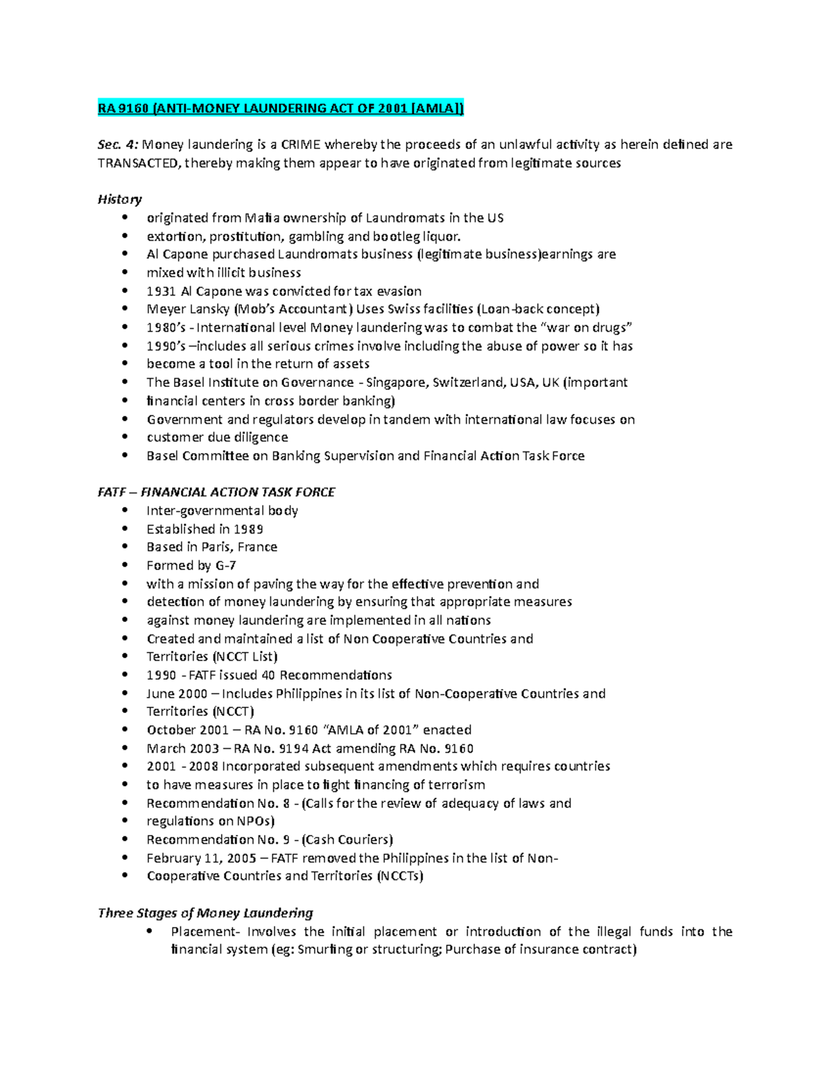 Anti Money Laundering Act of 2001 (AMLA) - RA 9160 (ANTI-MONEY ...