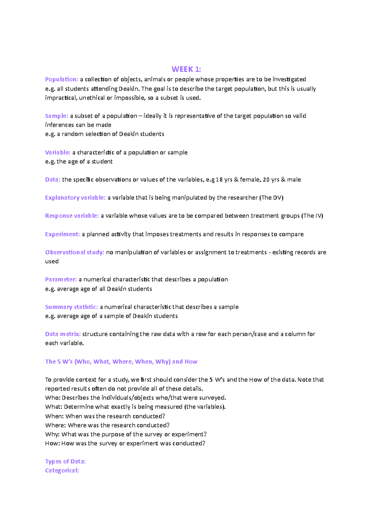 WEEK 1 week 1 notes WEEK 1 Population a collection of objects