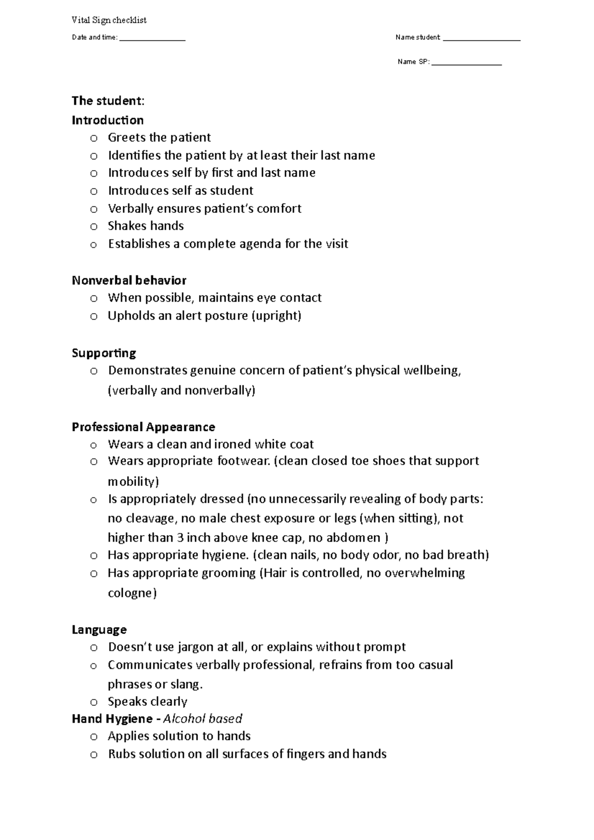 VS Checklist - heme jaunce - Vital Sign checklist Date and time ...