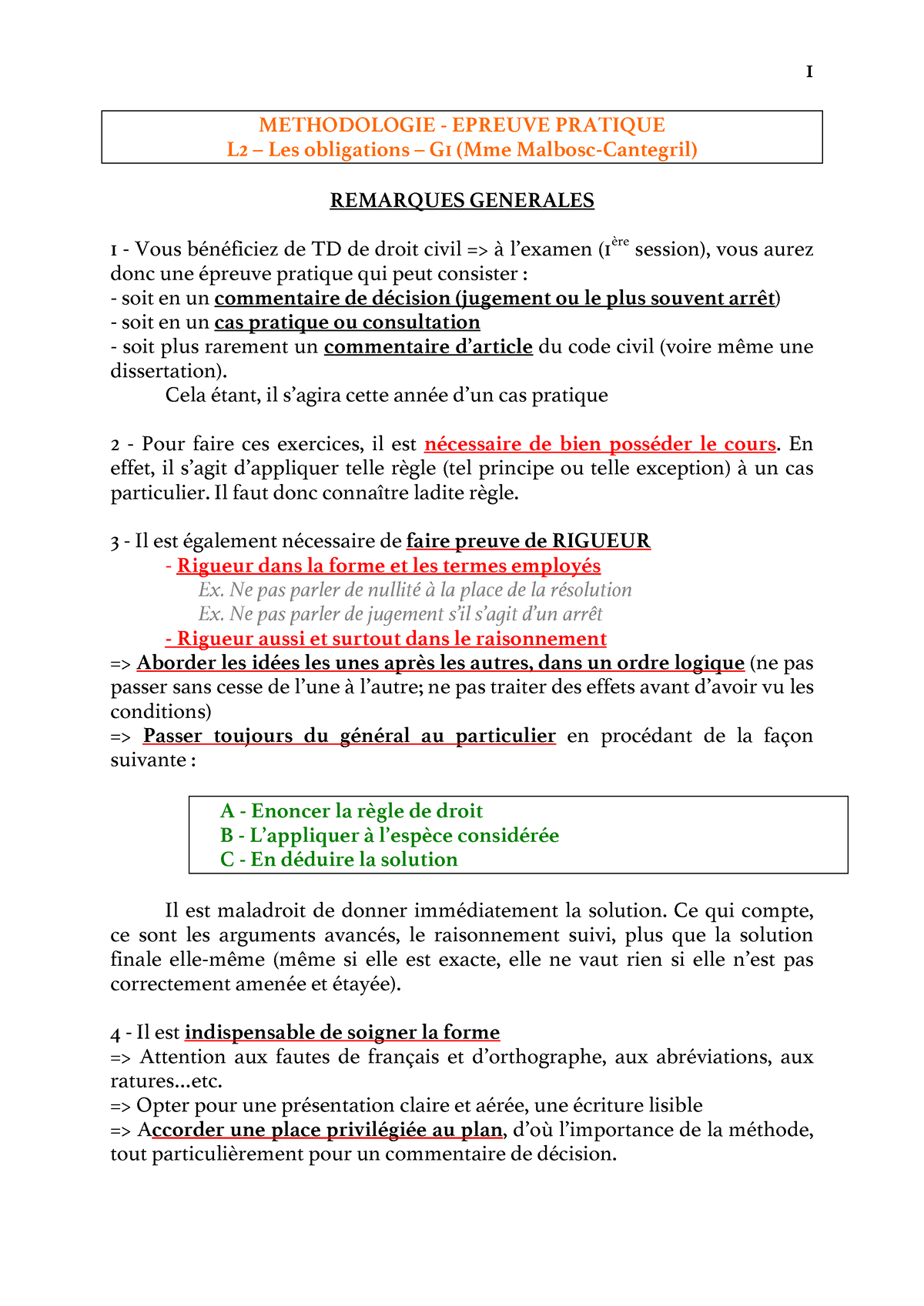 Méthodologie en droit des obligations Important METHODOLOGIE