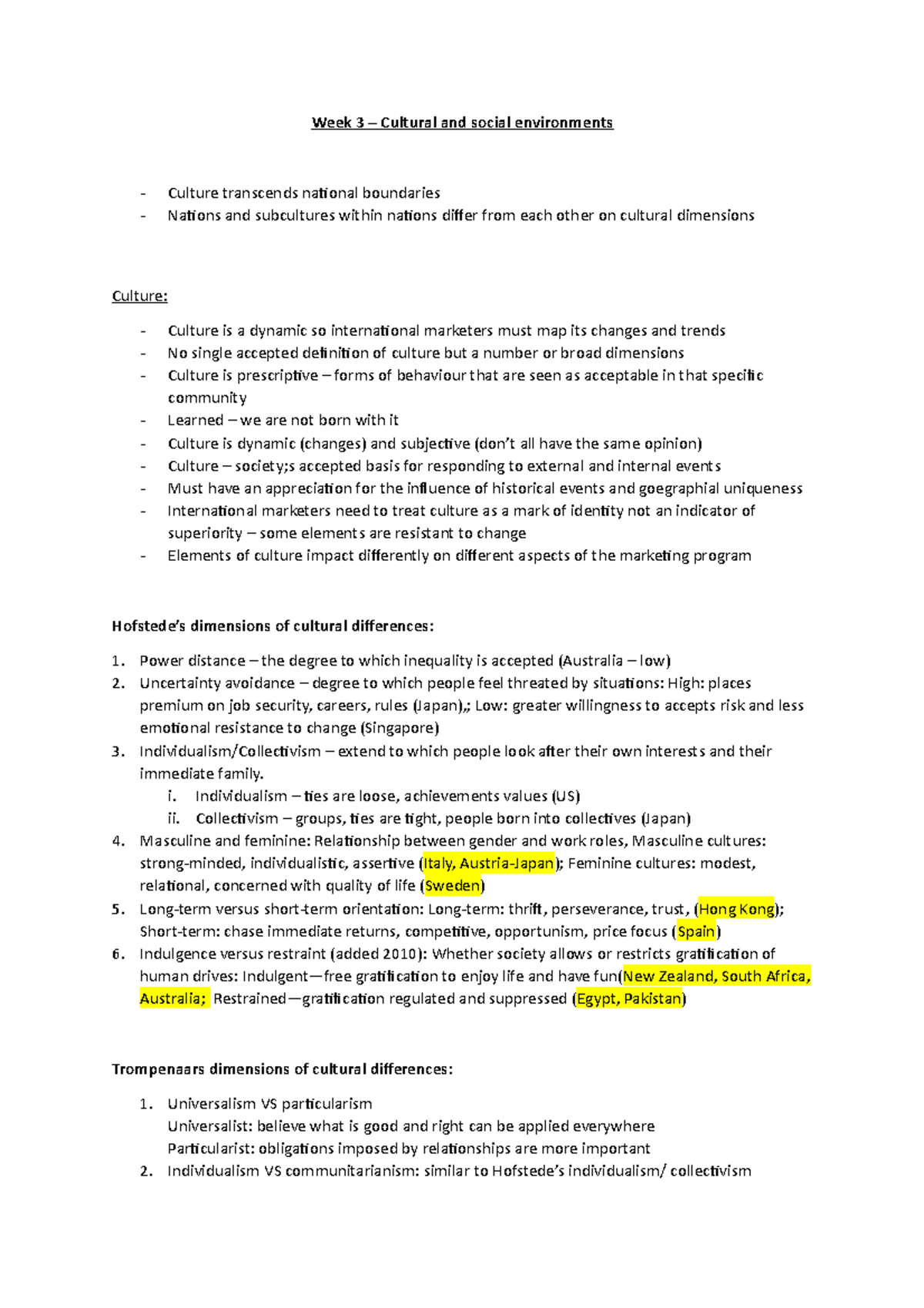 Week 3 - Lecture notes 3 - Week 3 – Cultural and social environments ...