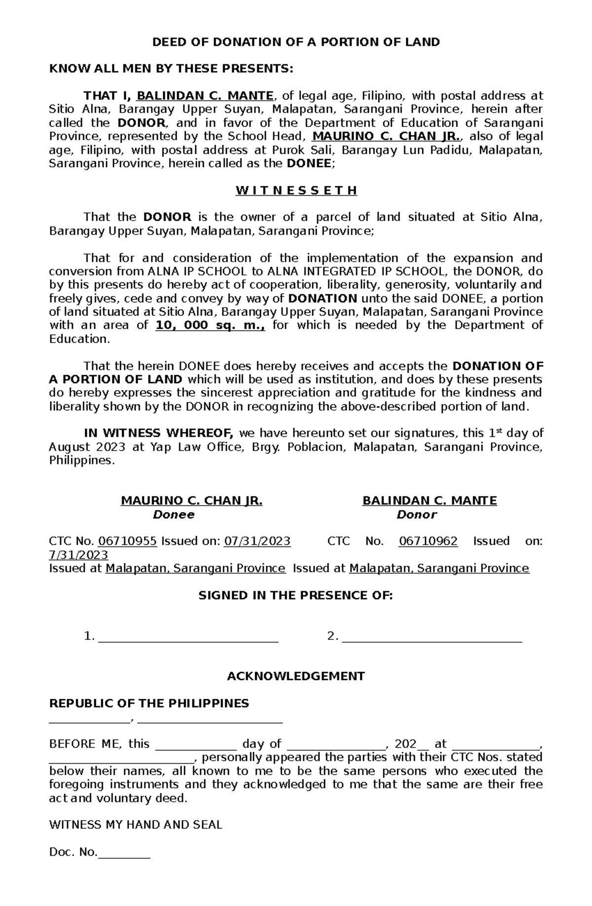 Deed of donation of a portion of land - DEED OF DONATION OF A PORTION ...