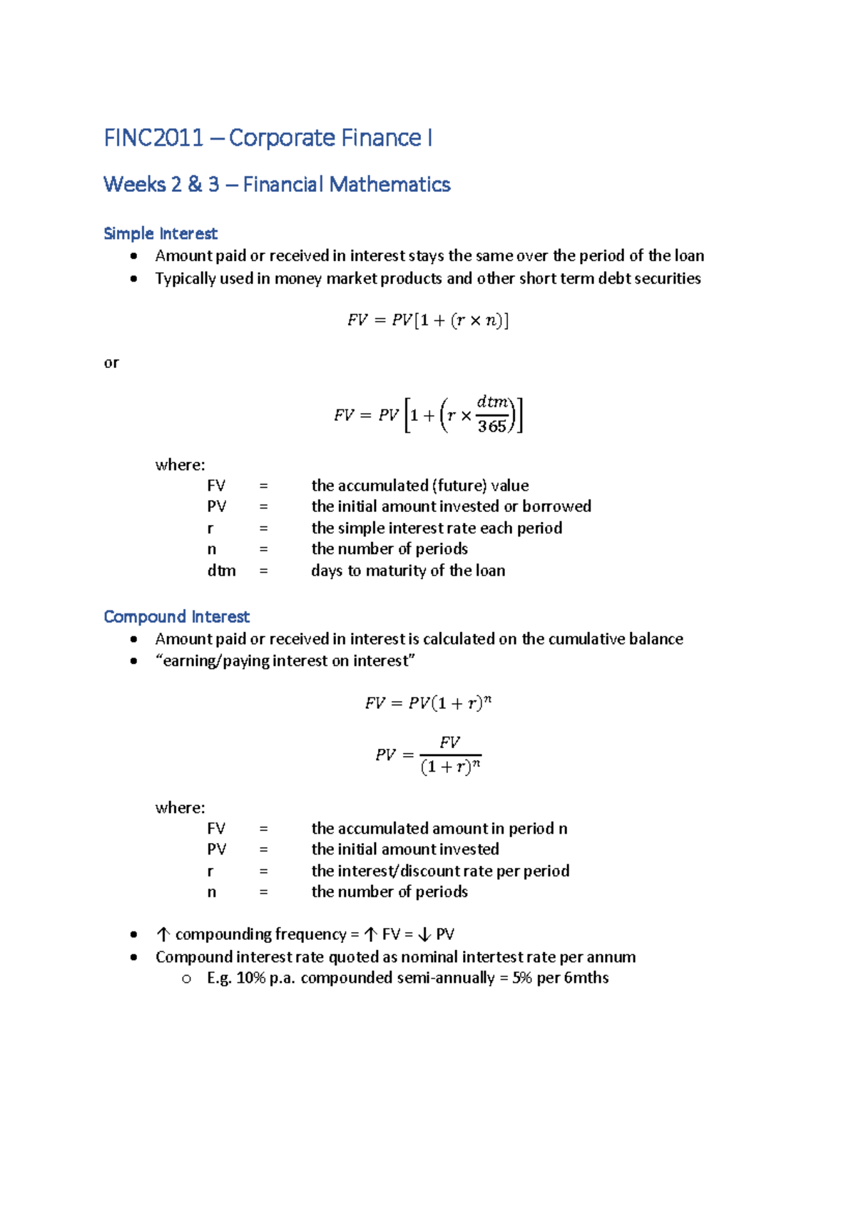 Weeks 2 & 3 Notes - FINC2011 – Corporate Finance I Weeks 2 & 3 ...