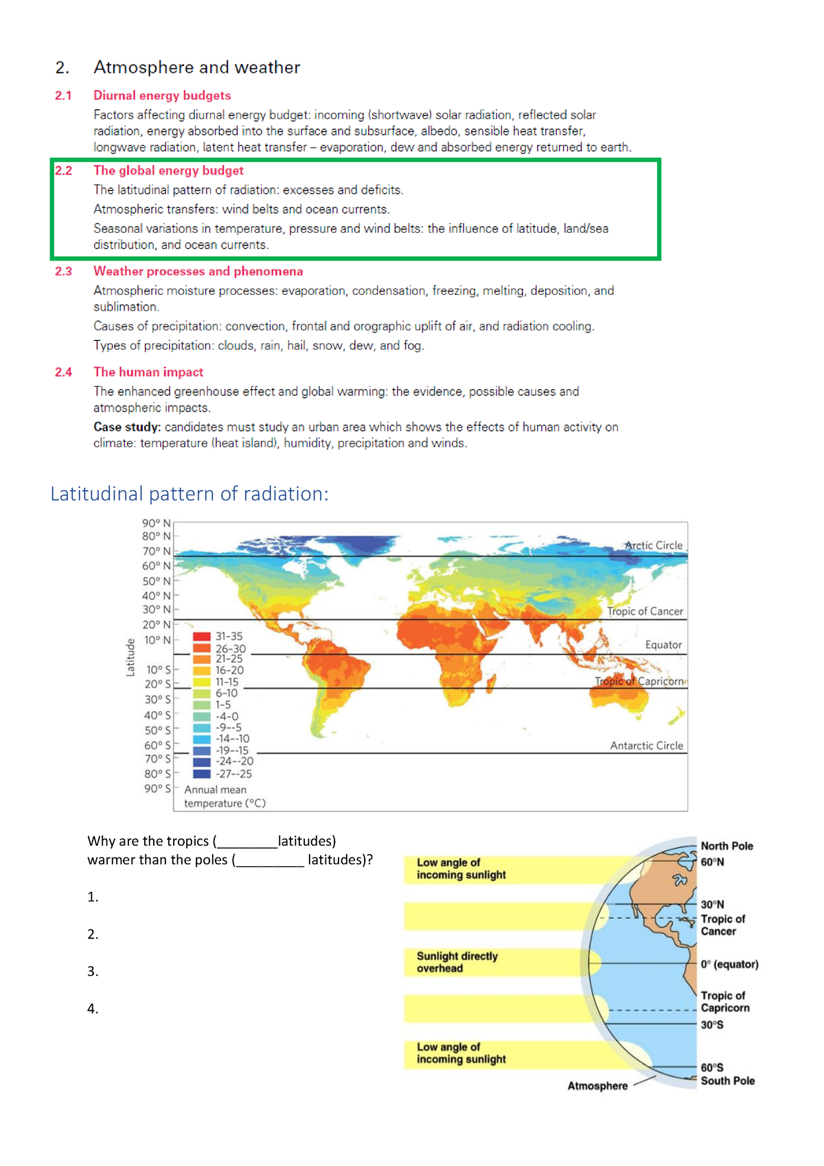 2.2 Revision Booklet - Worksheet - Latitudinal pattern of radiation ...