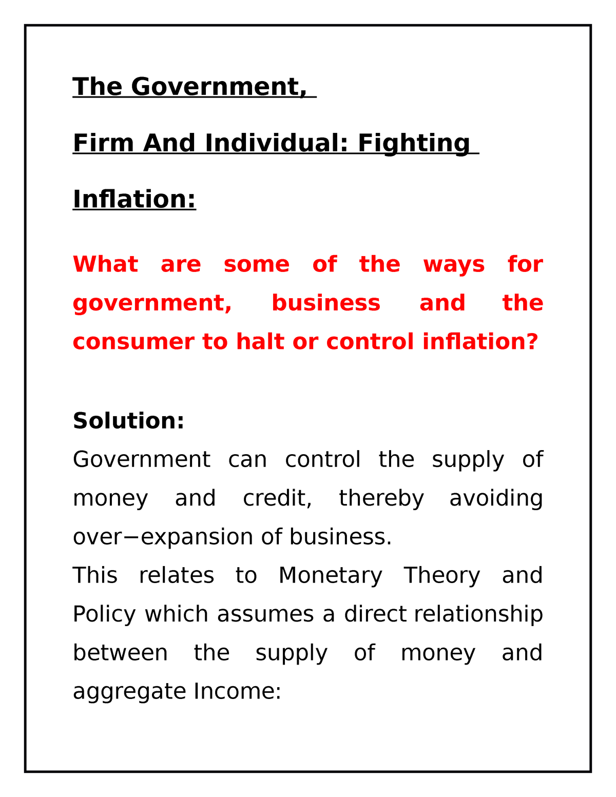 The Government Firm And Individual Fighting Inflation - The Government ...